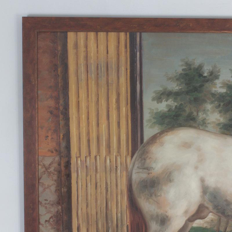 Mid Century Oil Painting on Canvas of a White Horse  3