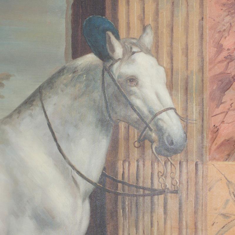 Mid Century Oil Painting on Canvas of a White Horse  4