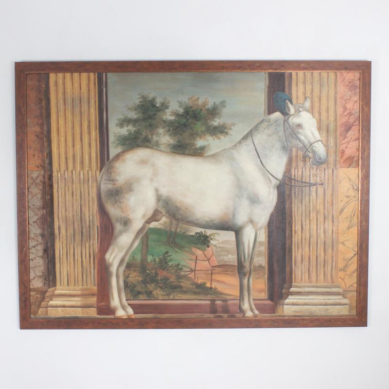 Unknown Animal Painting - Mid Century Oil Painting on Canvas of a White Horse 