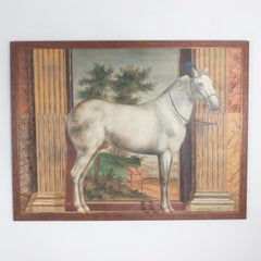 Mid Century Oil Painting on Canvas of a White Horse 