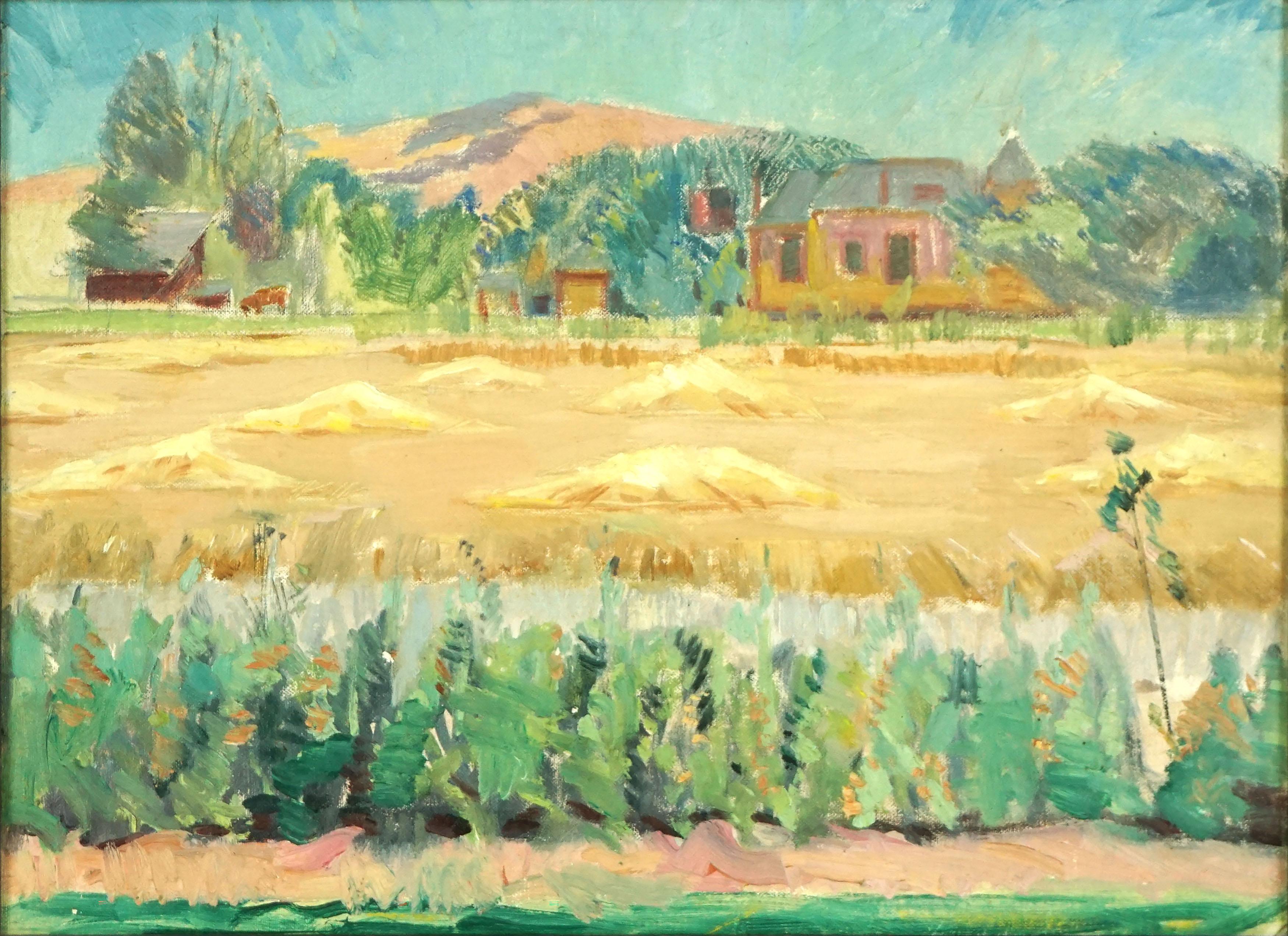 Mid Century Original Oil Impressionist Painting - The Farm House 

Wonderful impressionist oil painting of field of hay ready for harvest with farmhouse and barn in the background. Interesting foreground is a hedgerow at the edge of field creating
