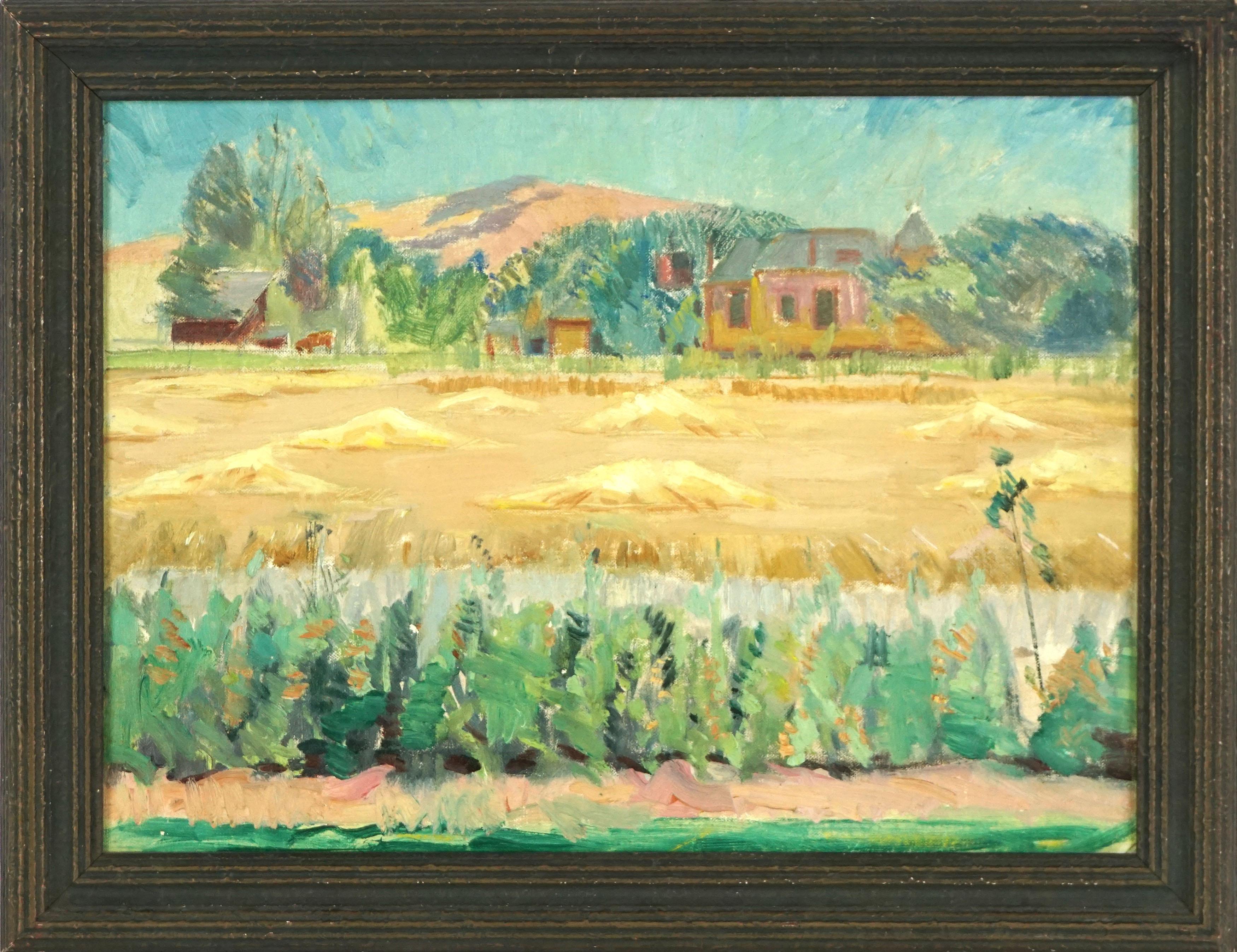 Unknown Landscape Painting - Mid Century Original Oil Impressionist Painting - The Hay Field 