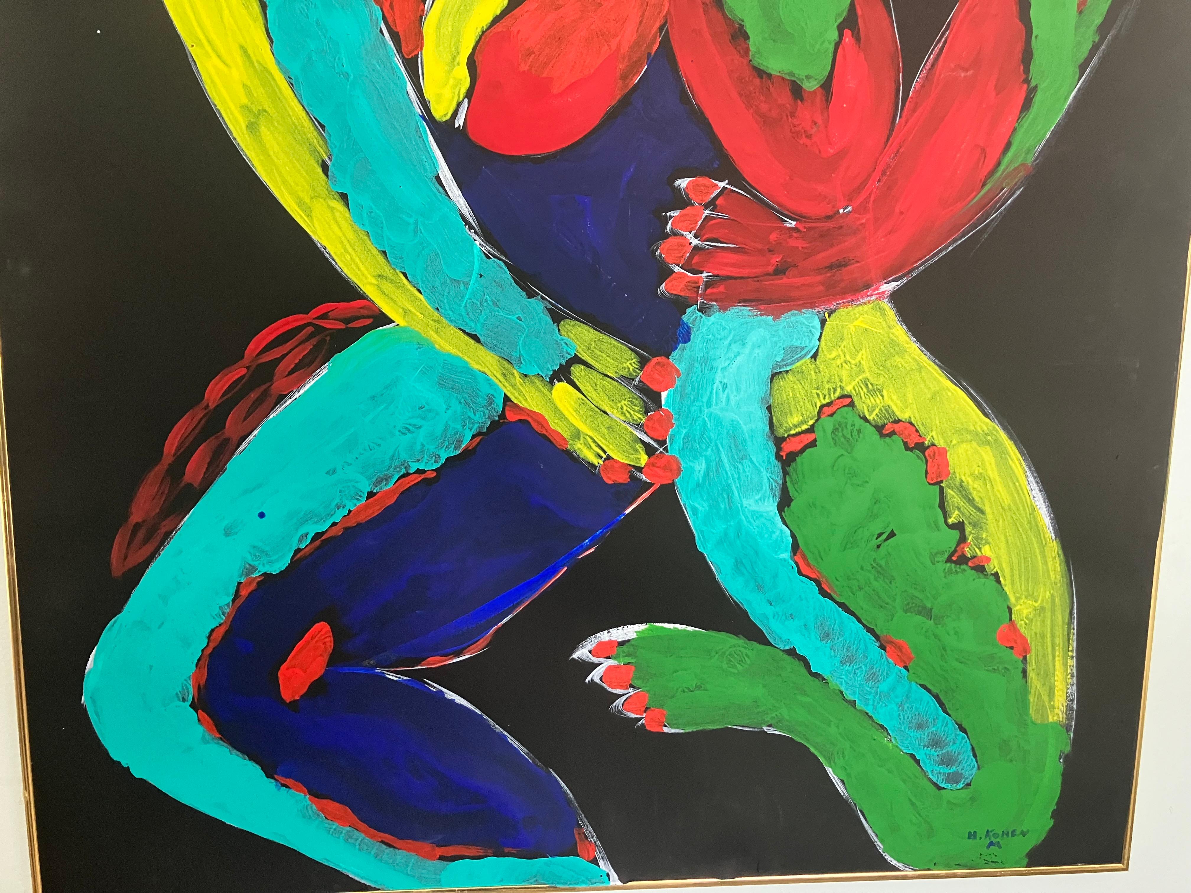 Fabulously  colorful combination of abstract expressionist and outsider art. Most likely done in the 1950s or 60s signed lower right it appears to be a mixed medium on board. Very simple frame painting with frame measures 40 inches high by 32 inches