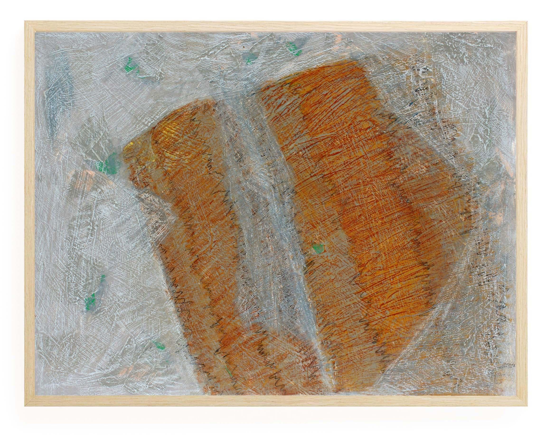 Mid-Century Painting Drawing Framed Colorful Texture New York Orange Grey Green - Gray Abstract Painting by Unknown