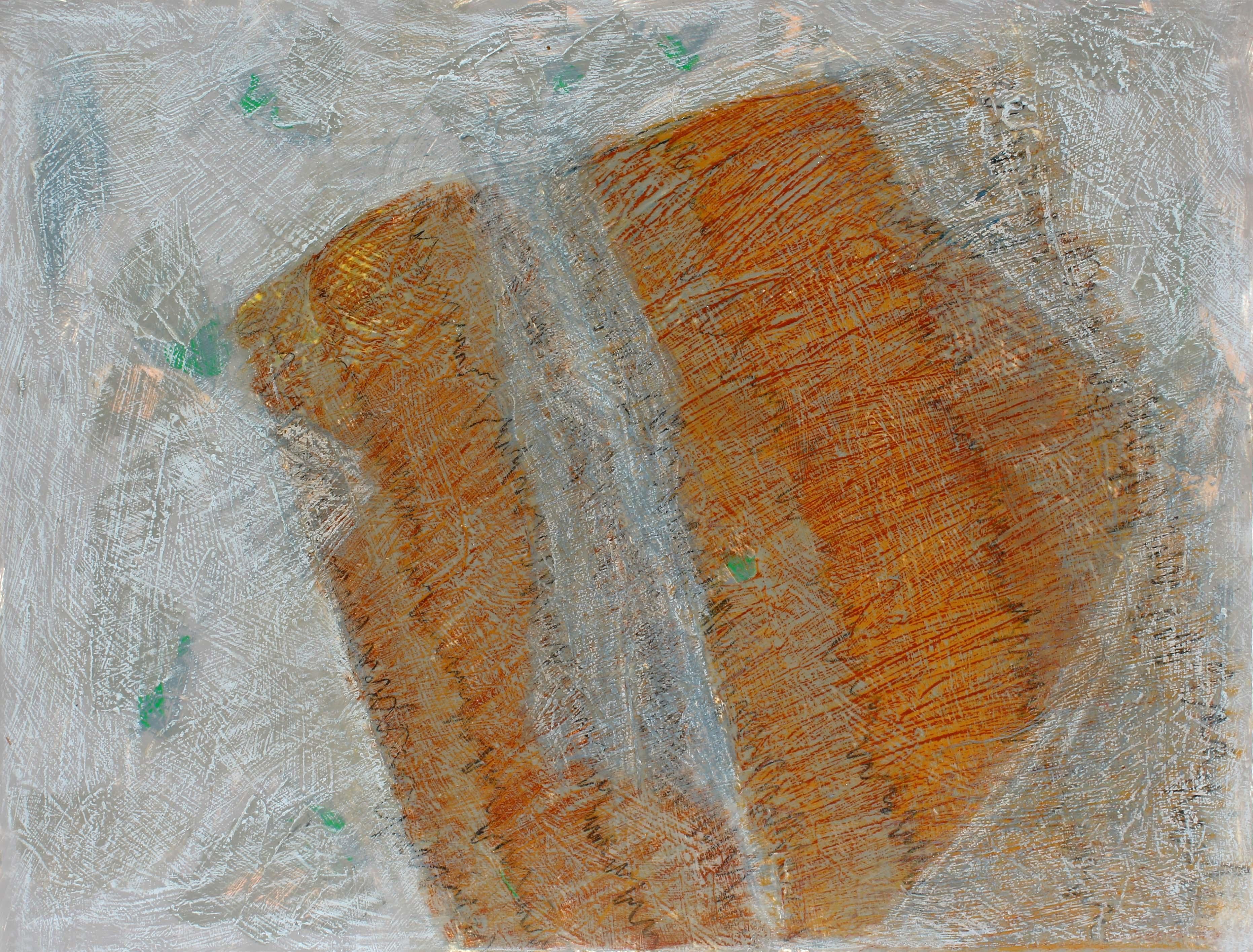 Mid-Century Painting Drawing Framed Colorful Texture New York Orange Grey Green For Sale 1