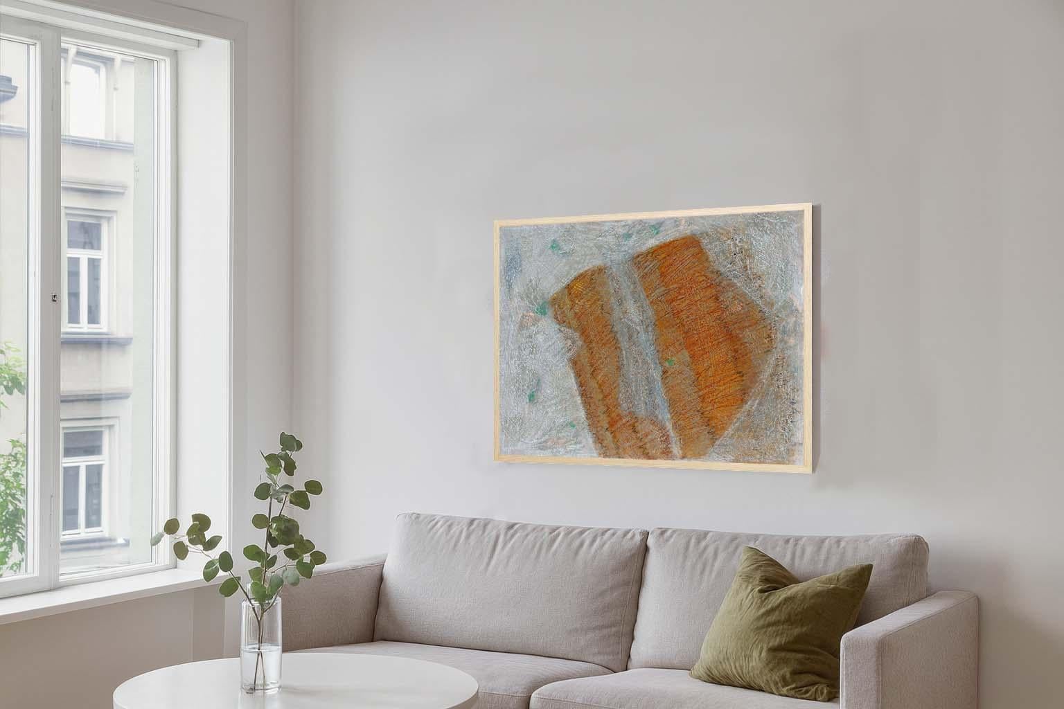 Mid-Century Painting Drawing Framed Colorful Texture New York Orange Grey Green For Sale 2