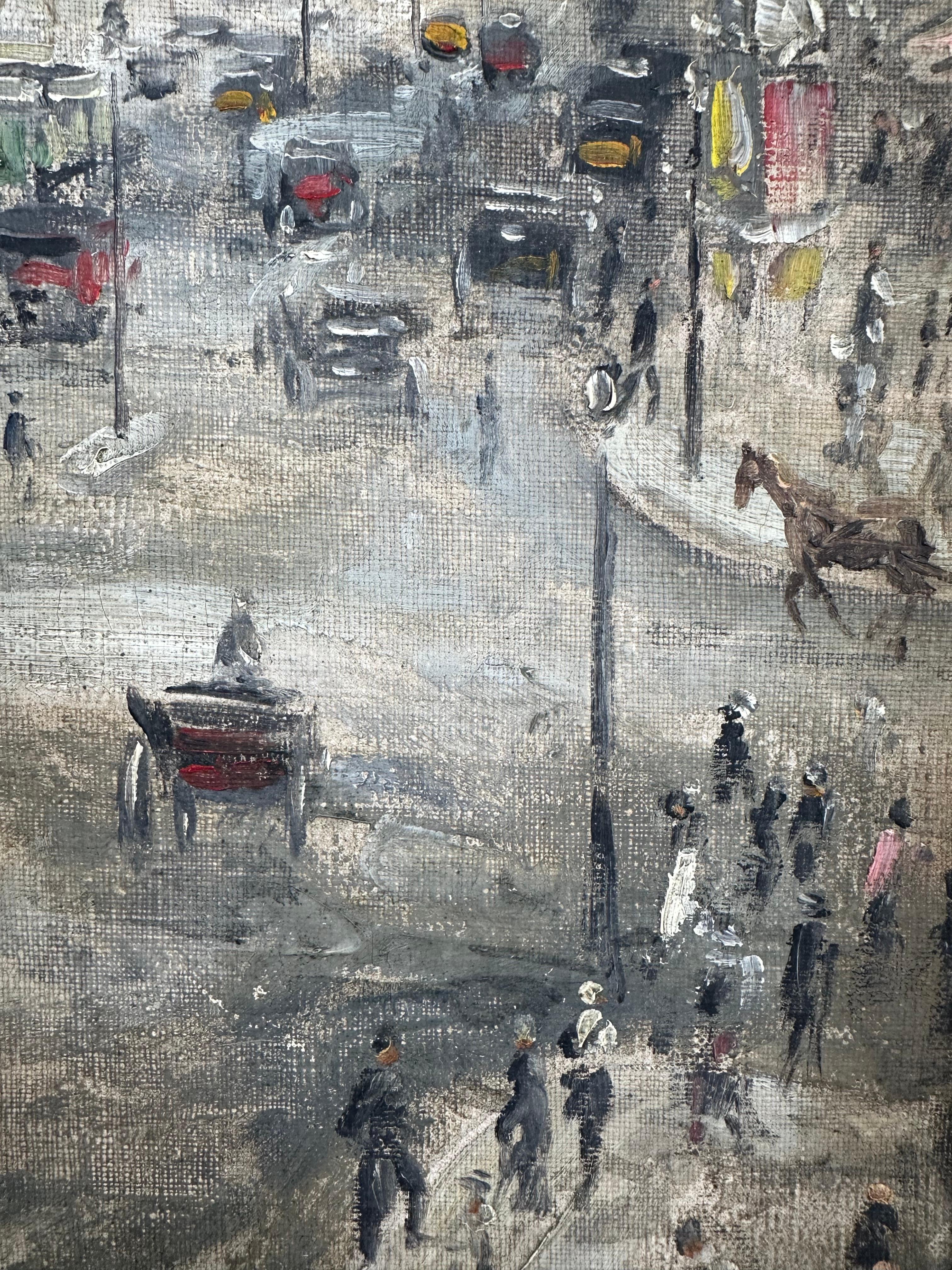Beautiful ca. 1950s painting depicts Parisian cityscape. Artist unknown. Oil on canvas measures 16 x 20 inches; 24 x 28 inches framed. Signed lower right. The painting has some water staining on back of canvas. Frame is in perfectly clean condition. 
