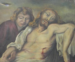 Mid century Realist Oil Painting of Jesus and Mary Magdelene signed