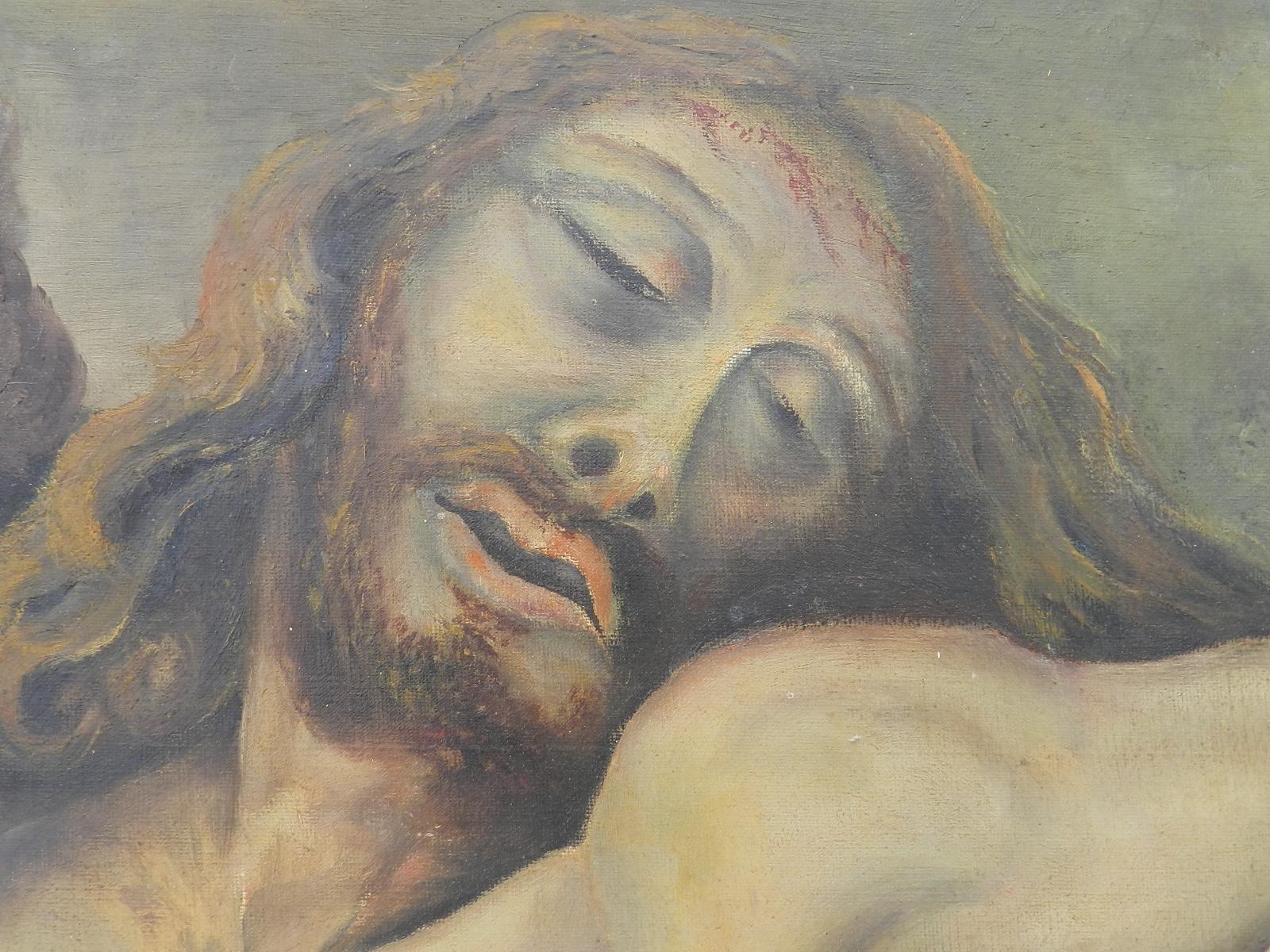 Jésus et Marie-Madeleine Peinture à l'huile Moderniste indistinctement signée M....... datée 1955
Dédié au verso et daté 10/4/56 signé Maurice
Une découverte inhabituelle
Bon état vintage avec des signes d'âge et un trou dans la toile dans le coin à