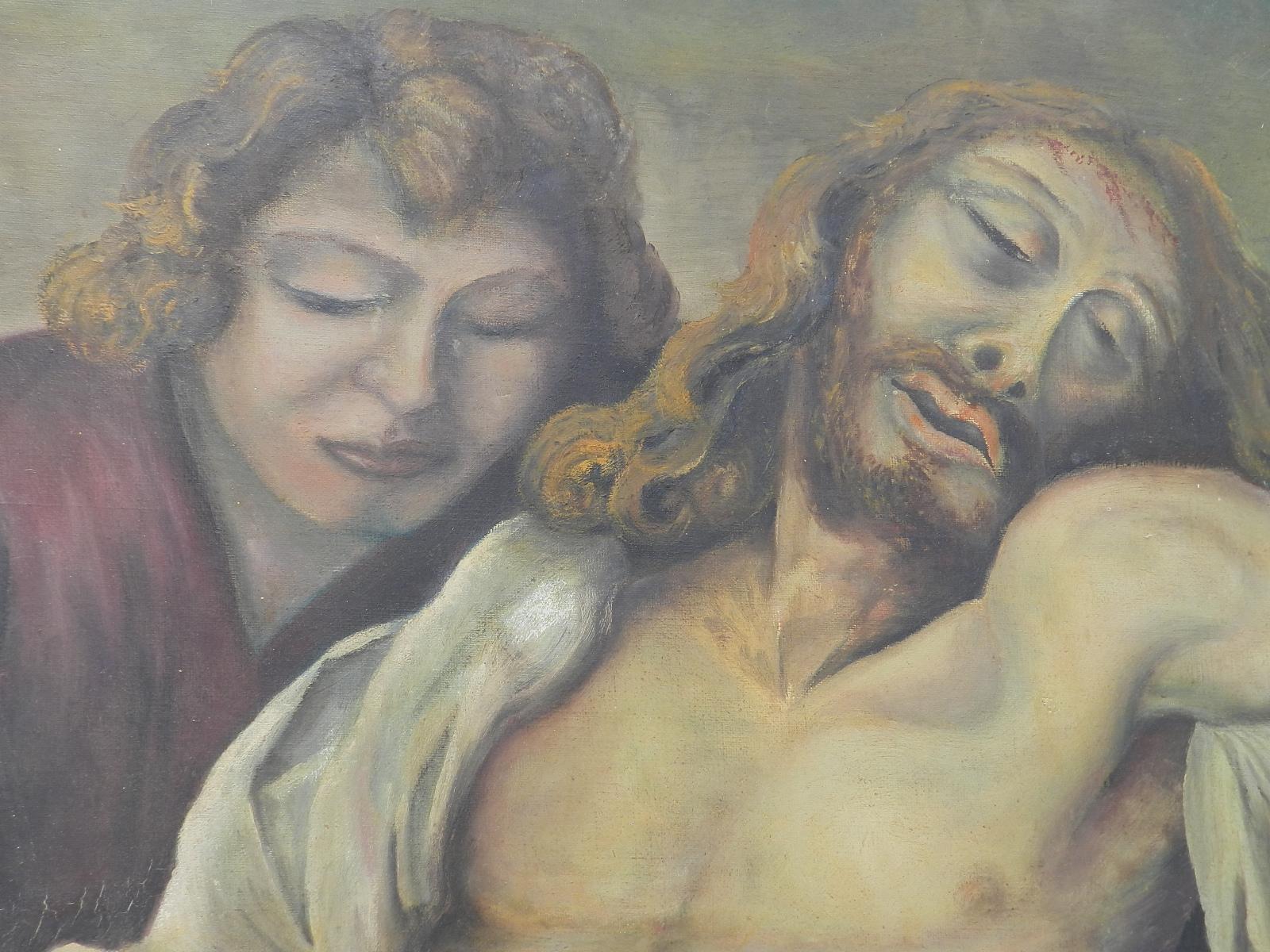 Peinture à l'huile réaliste du milieu du siècle dernier représentant Jésus et Mary Magdelene, signée  en vente 4