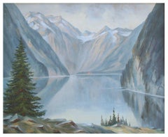 Paysage norvégien « Mid Century » représentant des montagnes réfléchissantes