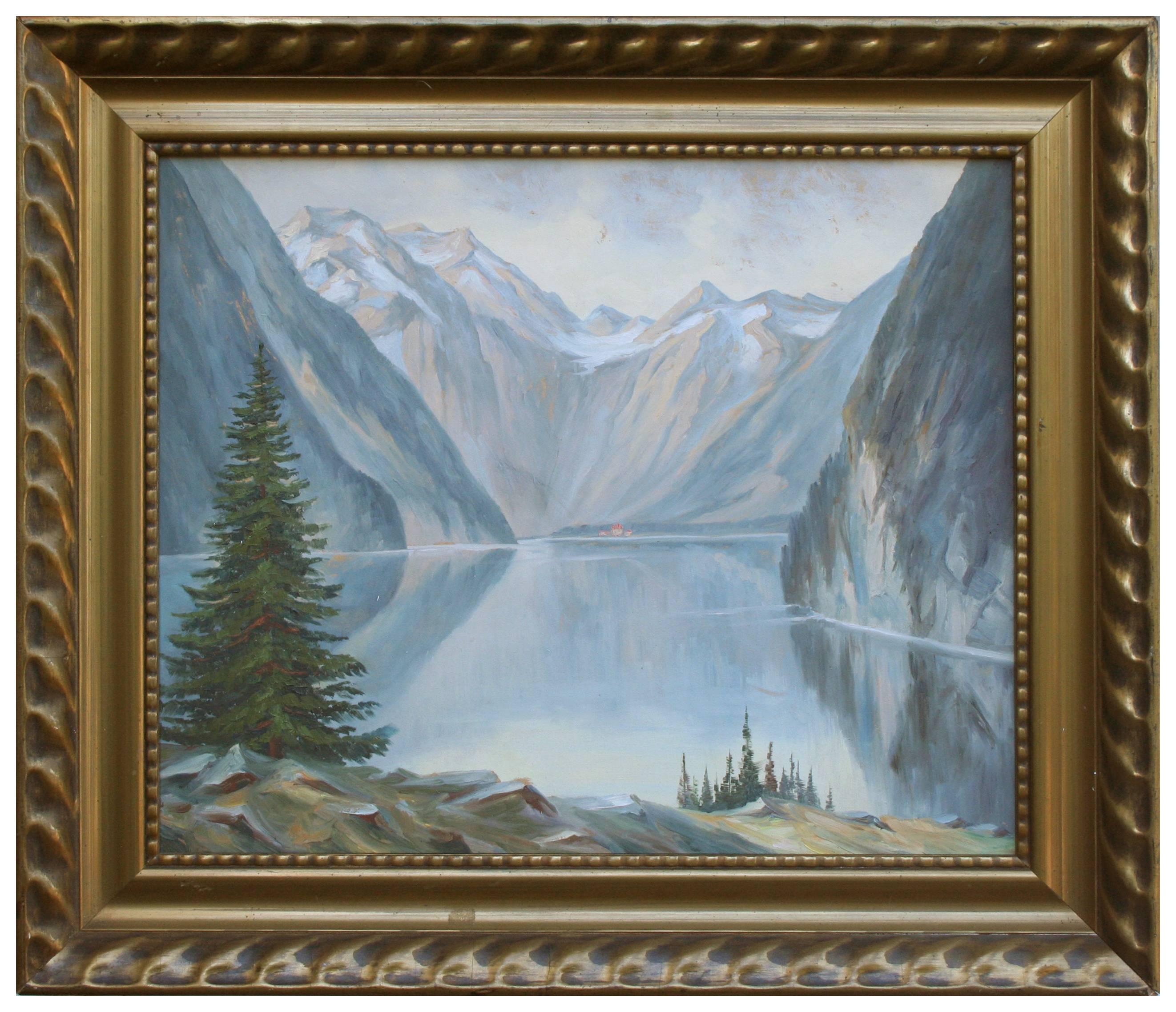 Paysage norvégien « Mid Century » représentant des montagnes réfléchissantes