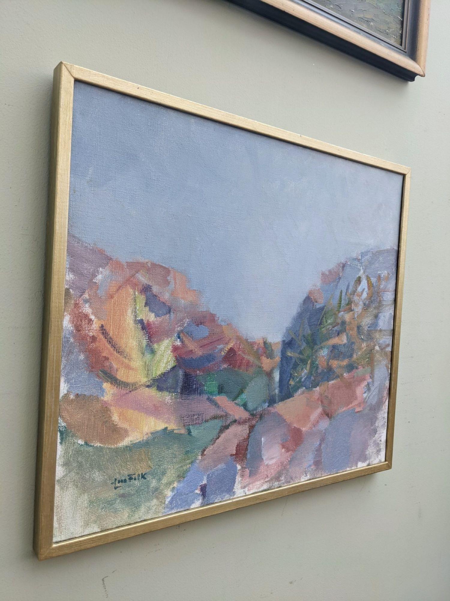 LAVENDER SKY
Oil on canvas
Size: 45.5 x 52 cm (including frame)

A restful and tranquil mid century landscape composition, executed in oil on canvas.

Although semi-abstract in composition, we are still able to discern what appears to be a hilly