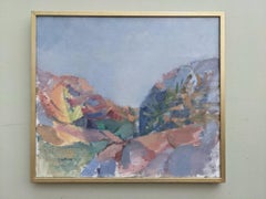 Mid-Century Semi-Abstract Swedish "Lavender Sky" Vintage Landscape Oil Painting,