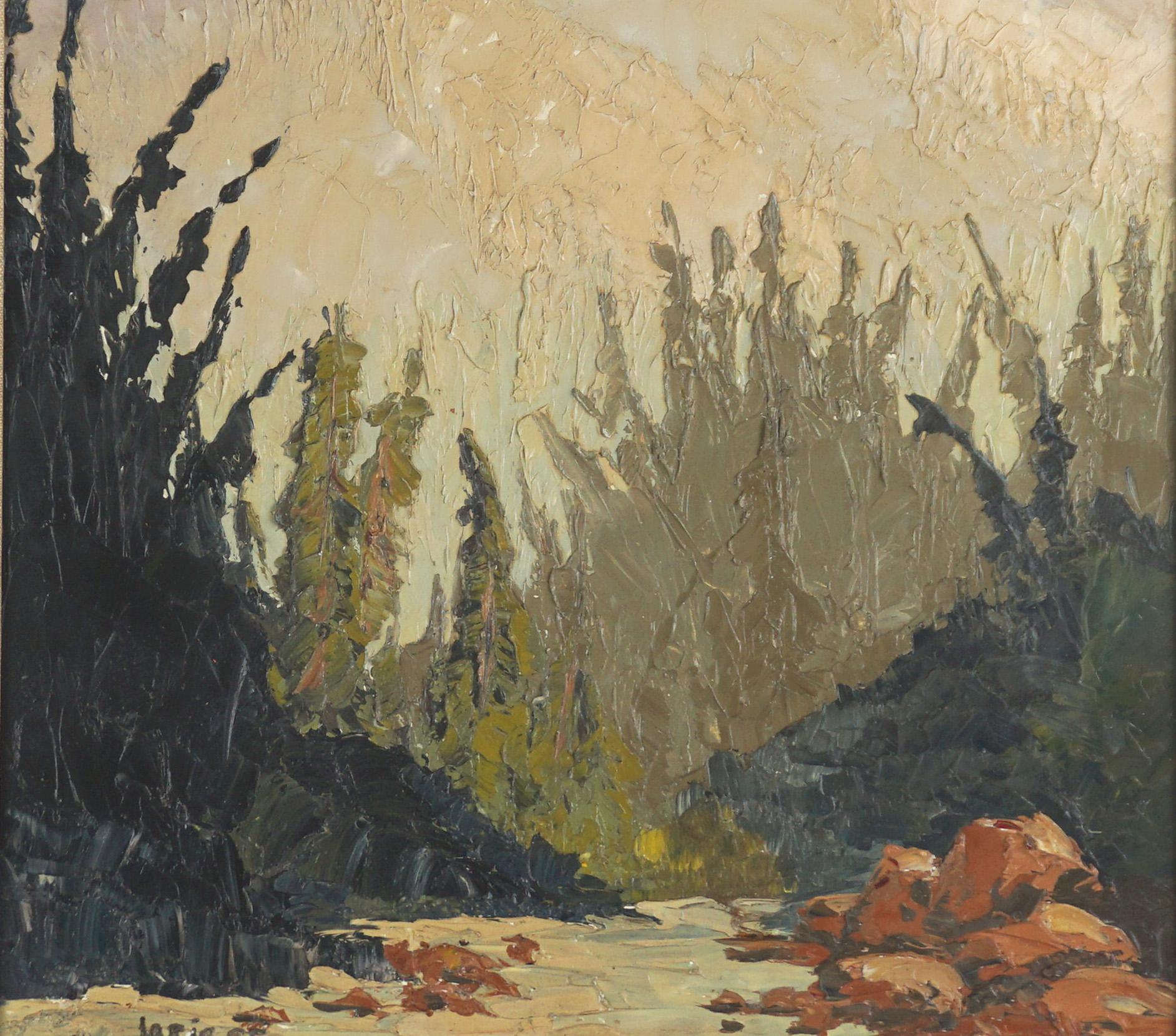 Paysage double face Sierra Mountains du milieu du siècle dernier - (avec peinture de clown au verso) - Marron Portrait Painting par Unknown