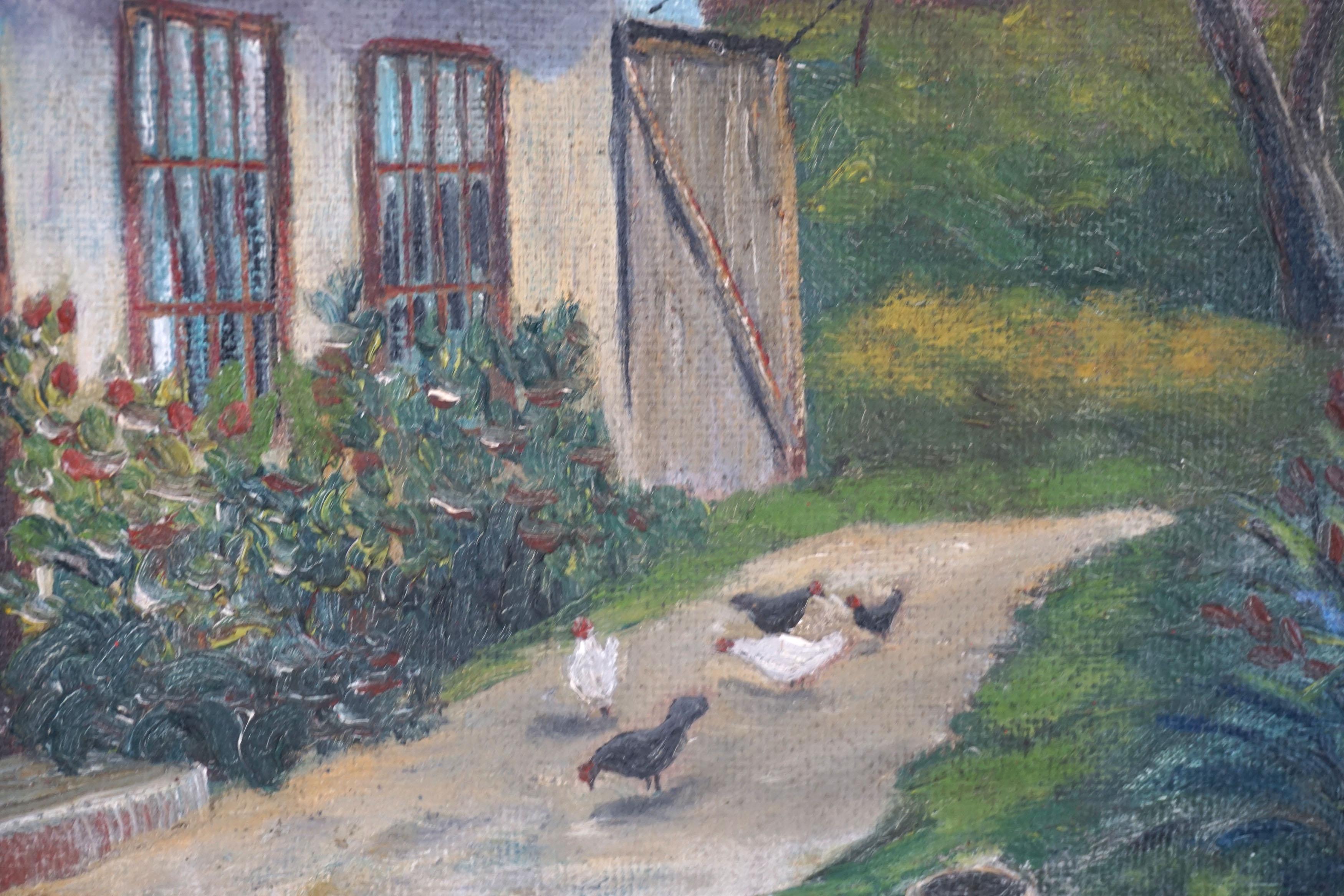 Mid Century Signed Landscape -- Old Country Cottage with Chickens  - Painting by Unknown