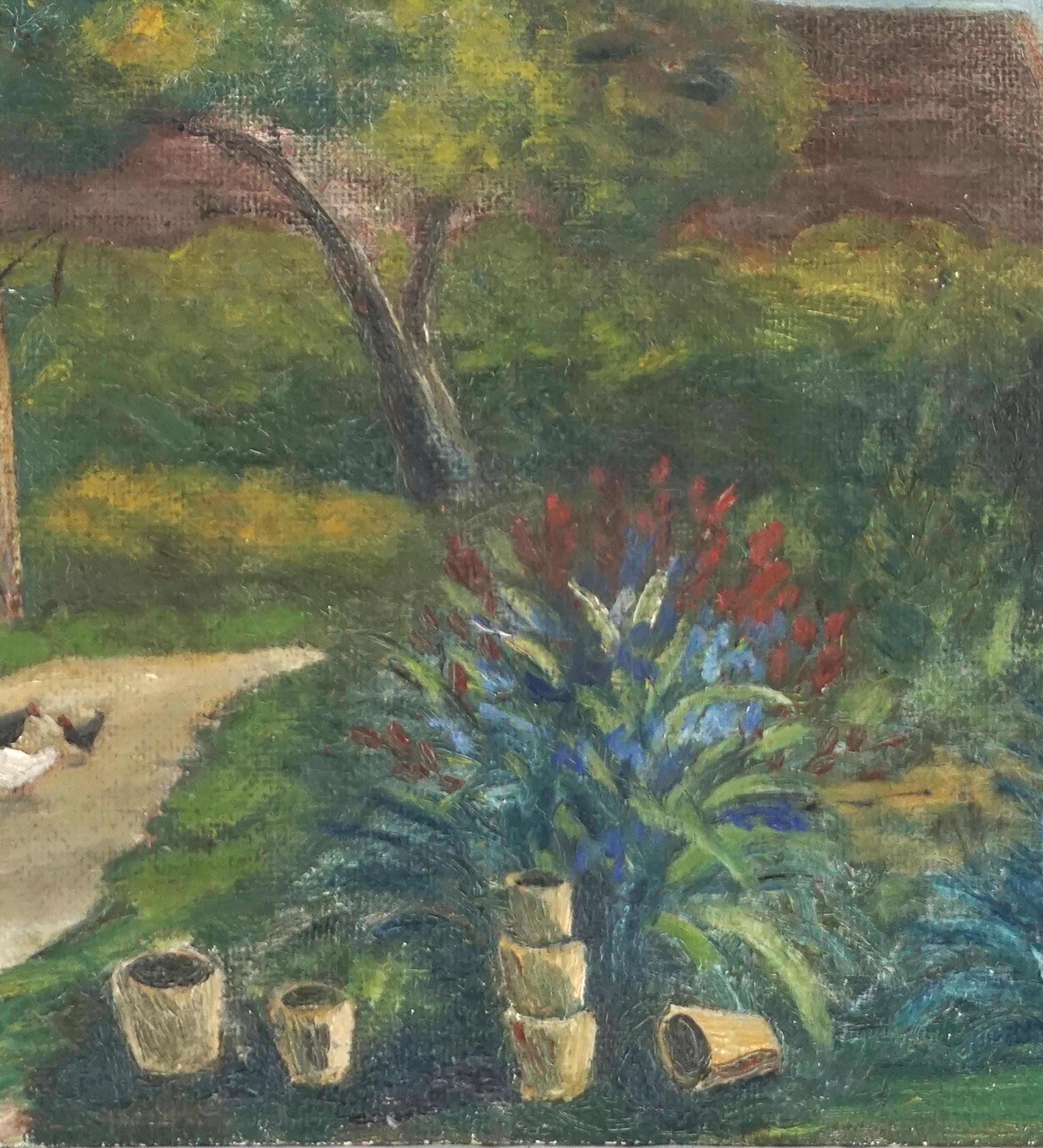 Signierte Landschaft aus der Mitte des Jahrhunderts – altes Landhaus mit Hühnern  (Amerikanischer Impressionismus), Painting, von Unknown
