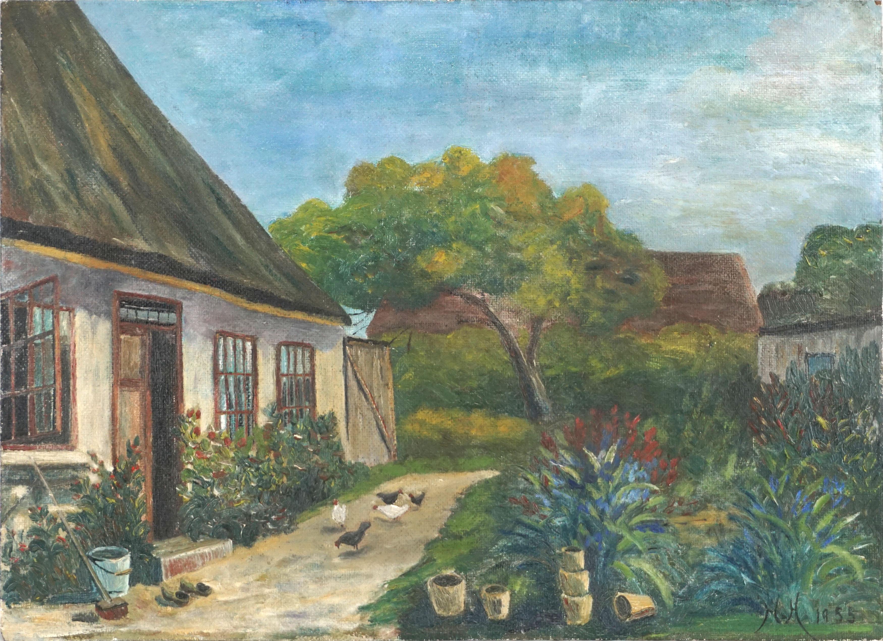 Unknown Landscape Painting – Signierte Landschaft aus der Mitte des Jahrhunderts – altes Landhaus mit Hühnern 