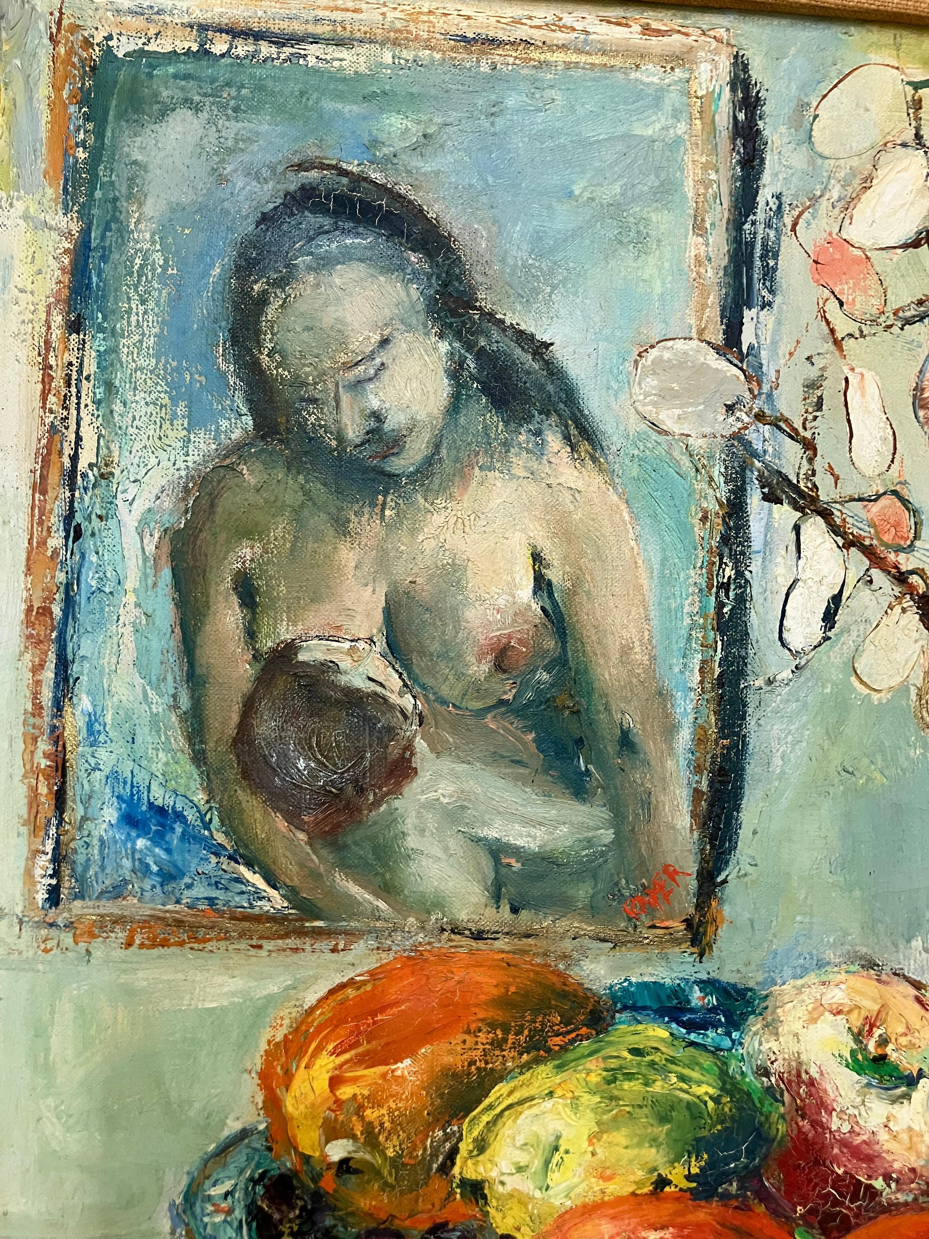 Natura morta di metà secolo con madre e bambino - Still-Life Painting Marrone di Unknown