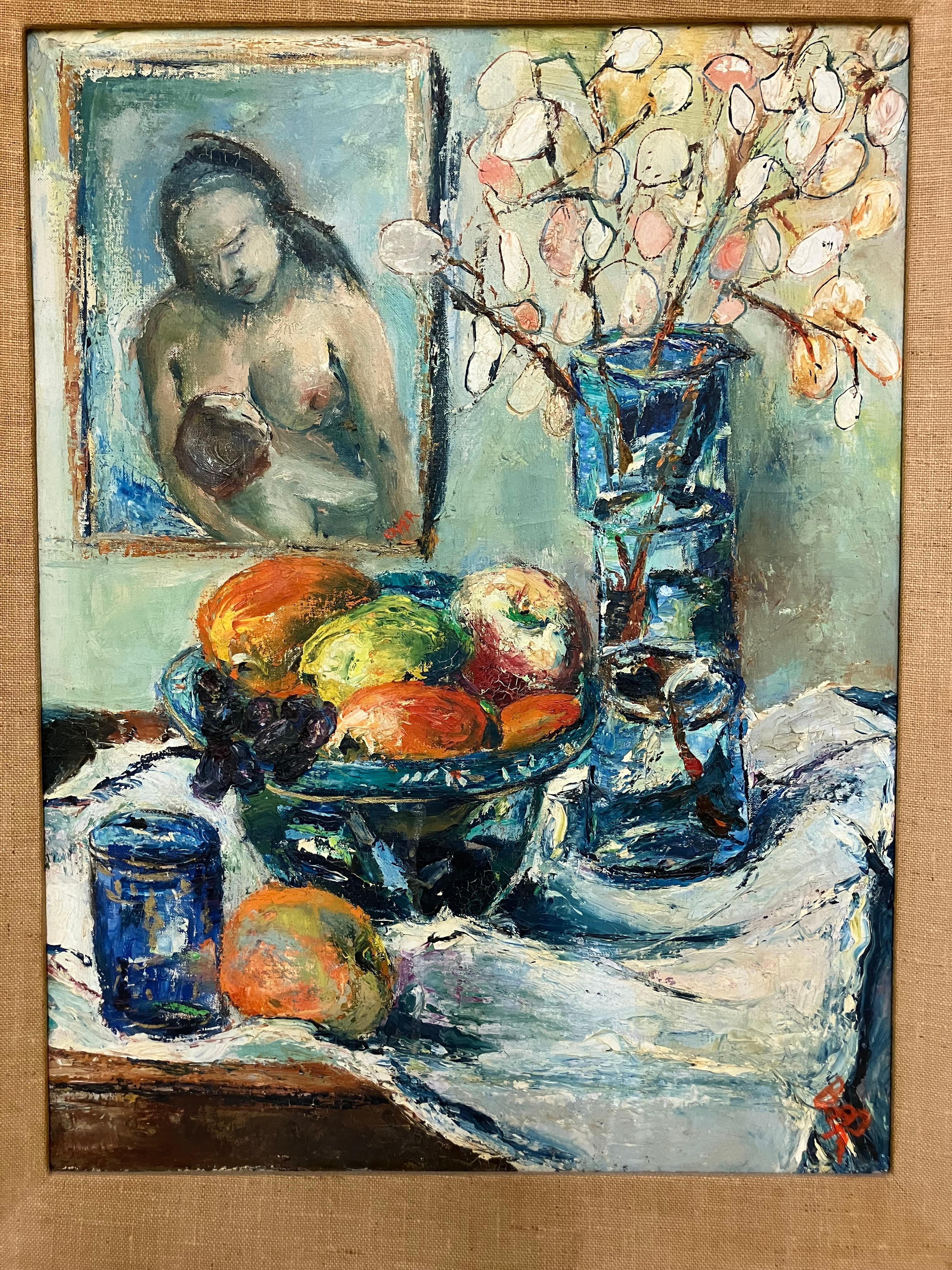 Still-Life Painting di Unknown - Natura morta di metà secolo con madre e bambino