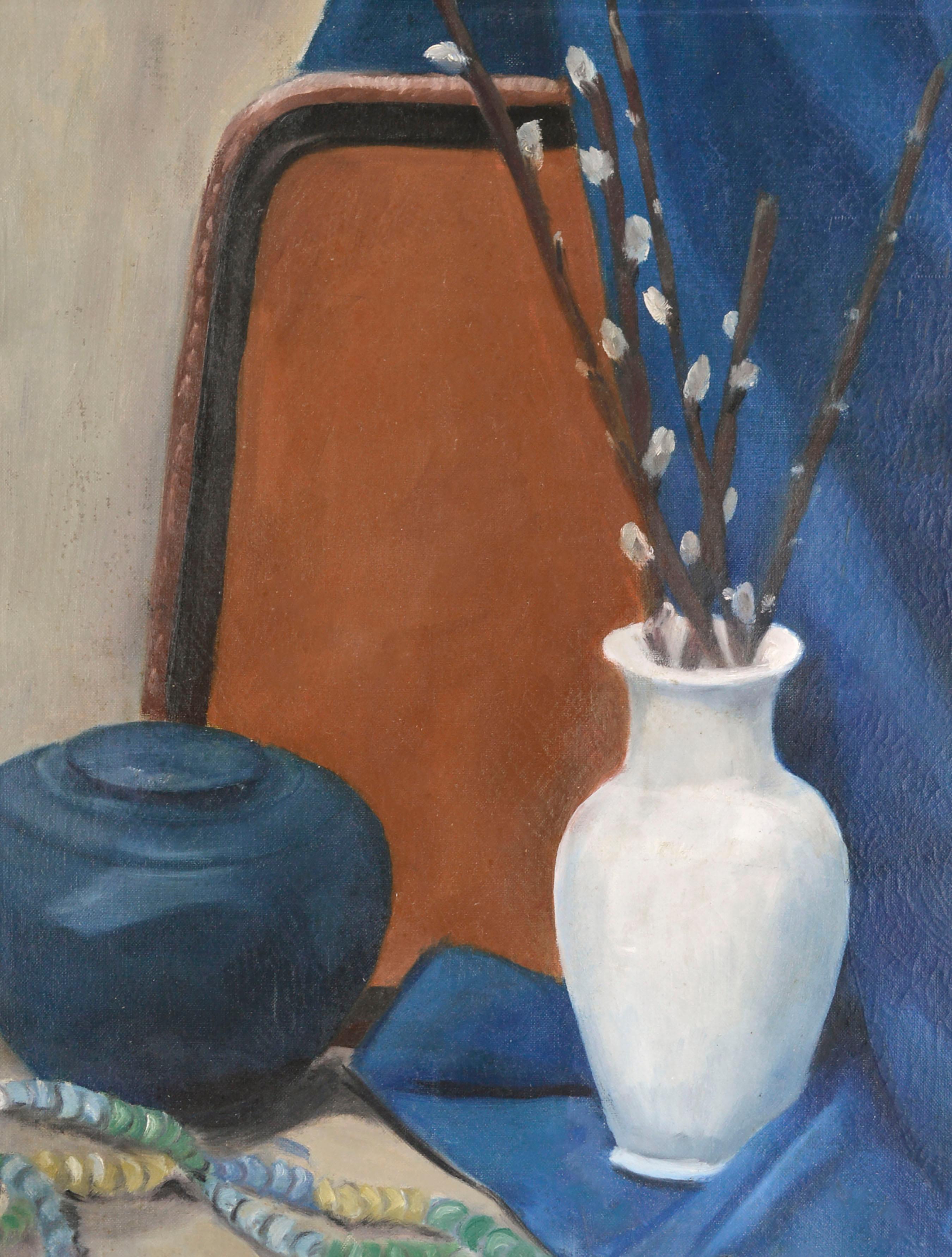 1940's Still-Life with Pussy Willows and Blue Drape  - Painting by Unknown