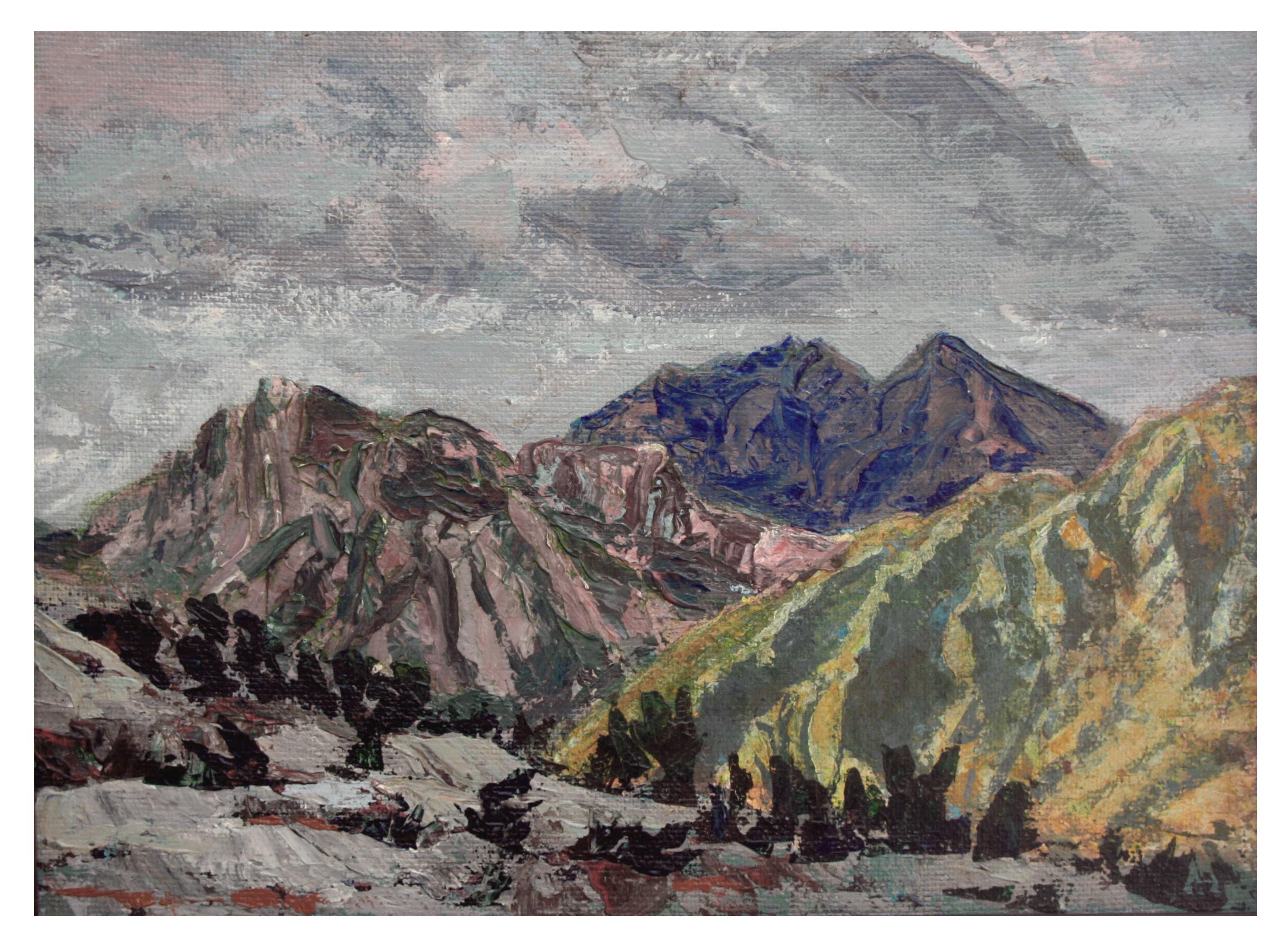 Stormy Skies Over Yosemite, Mid Century Mountain Landscape - Painting by Unknown