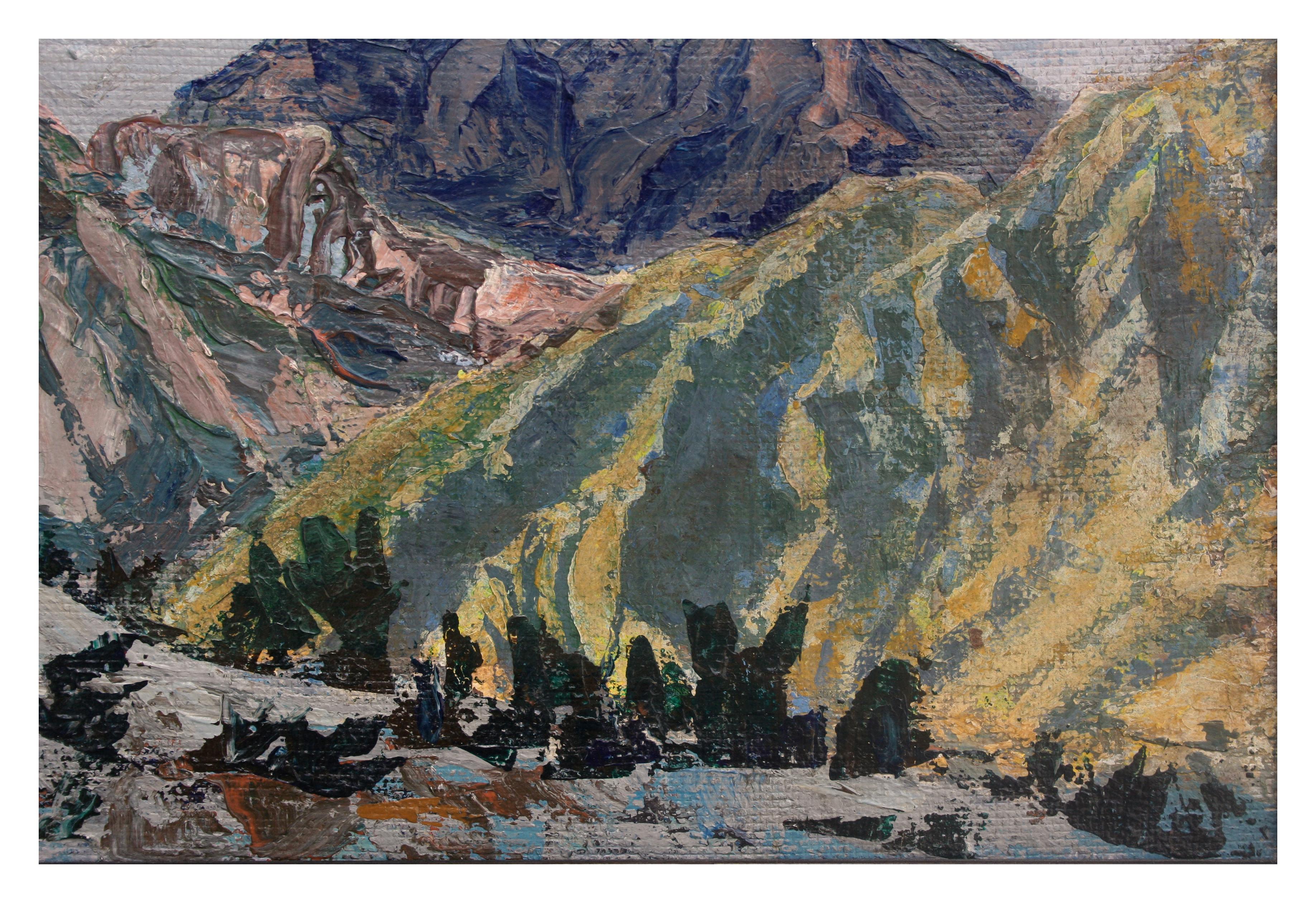 Stormy Skies über Yosemite-Landschaft aus der Mitte des Jahrhunderts (Braun), Landscape Painting, von Unknown