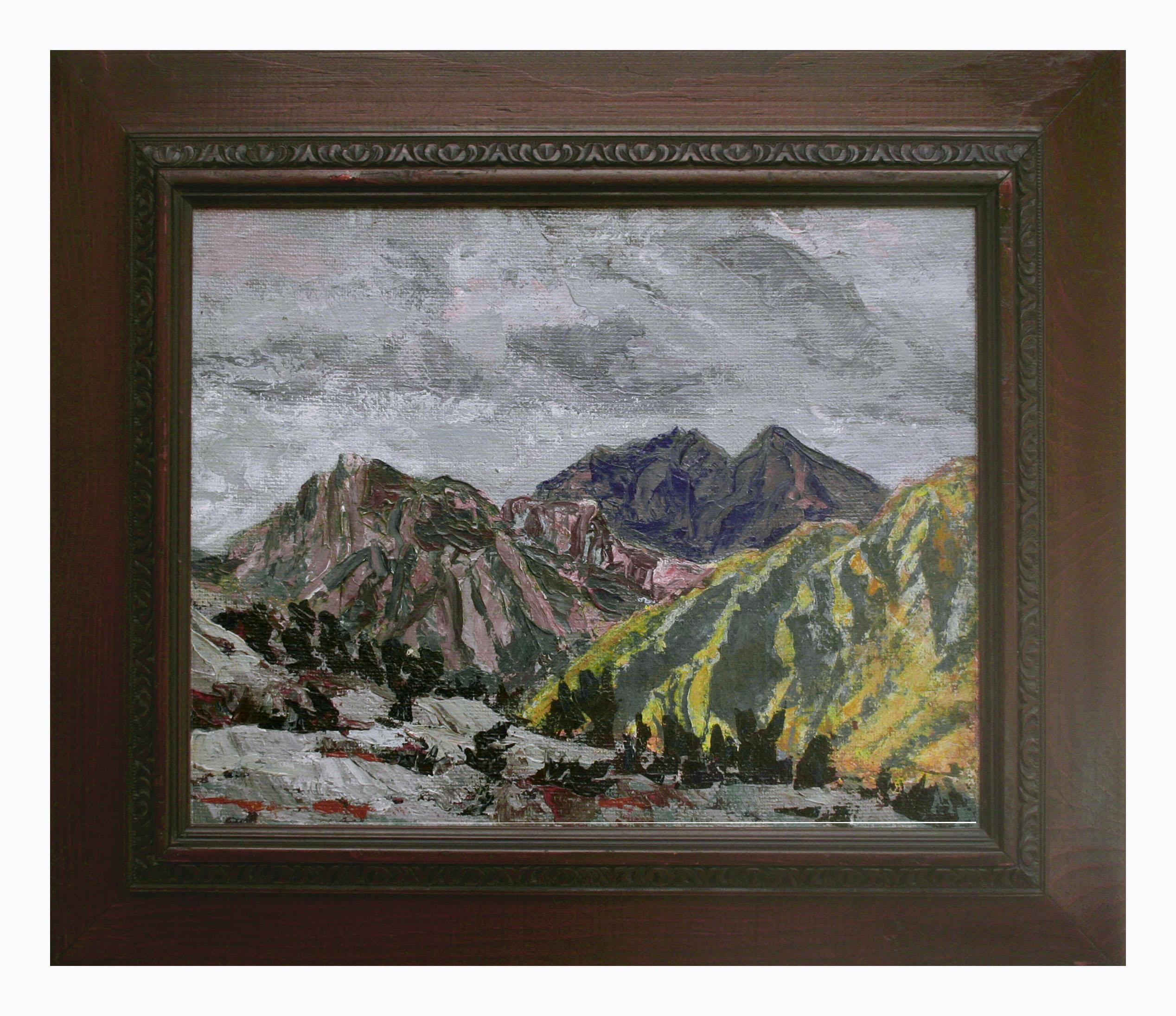 Unknown Landscape Painting – Stormy Skies über Yosemite-Landschaft aus der Mitte des Jahrhunderts