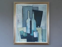 Mid Century Swedish Cubist Still Life Oil Painting - Bottles in Blue Geometry