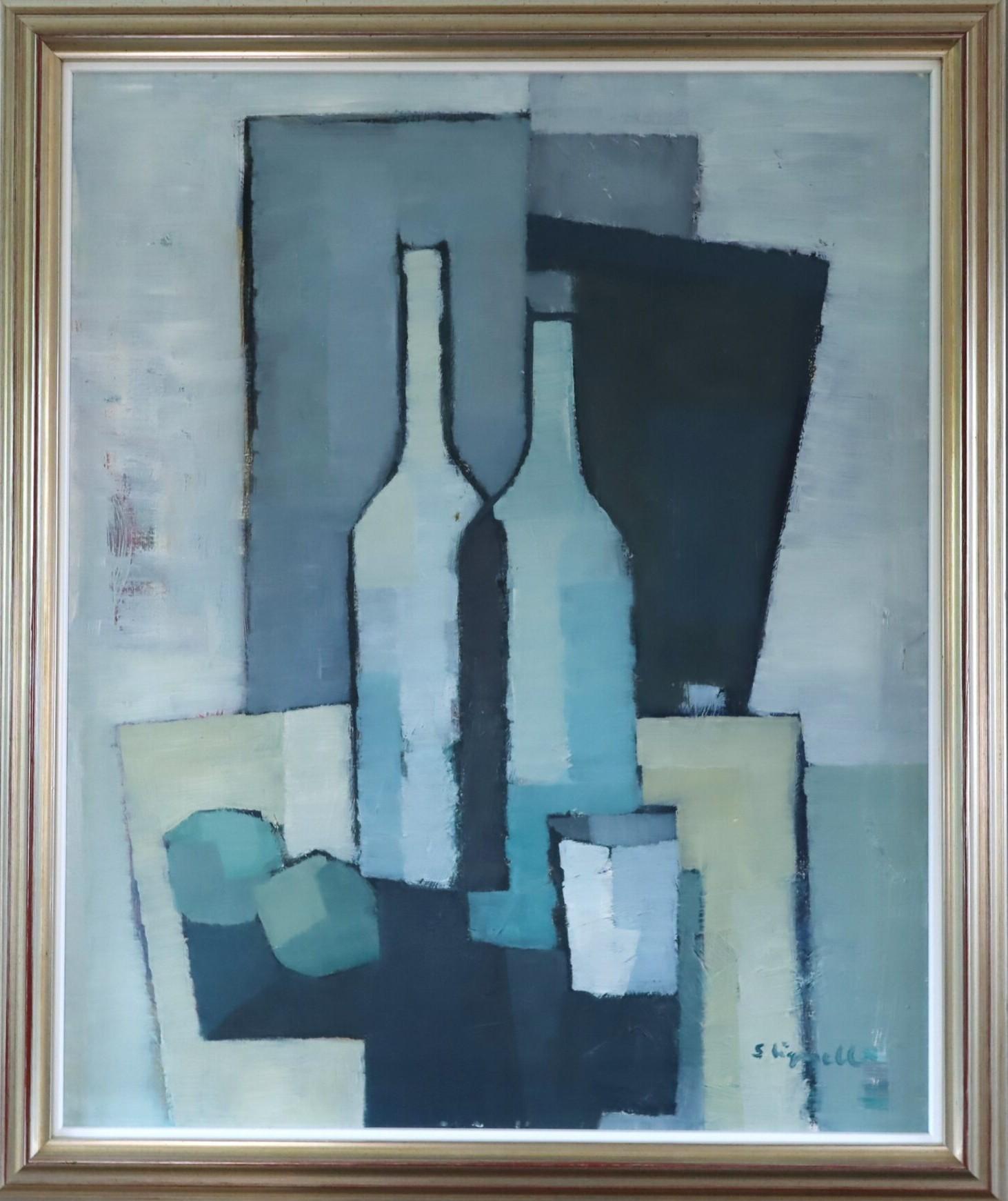Mid Century Swedish Cubist Still Life Oil Painting - Bottles in Blue Geometry