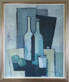 Mid Century Swedish Cubist Still Life Oil Painting - Bottles in Blue Geometry