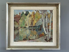 Mid Century Swedish Expressive Landscape Oil Painting - Autumn Reflections