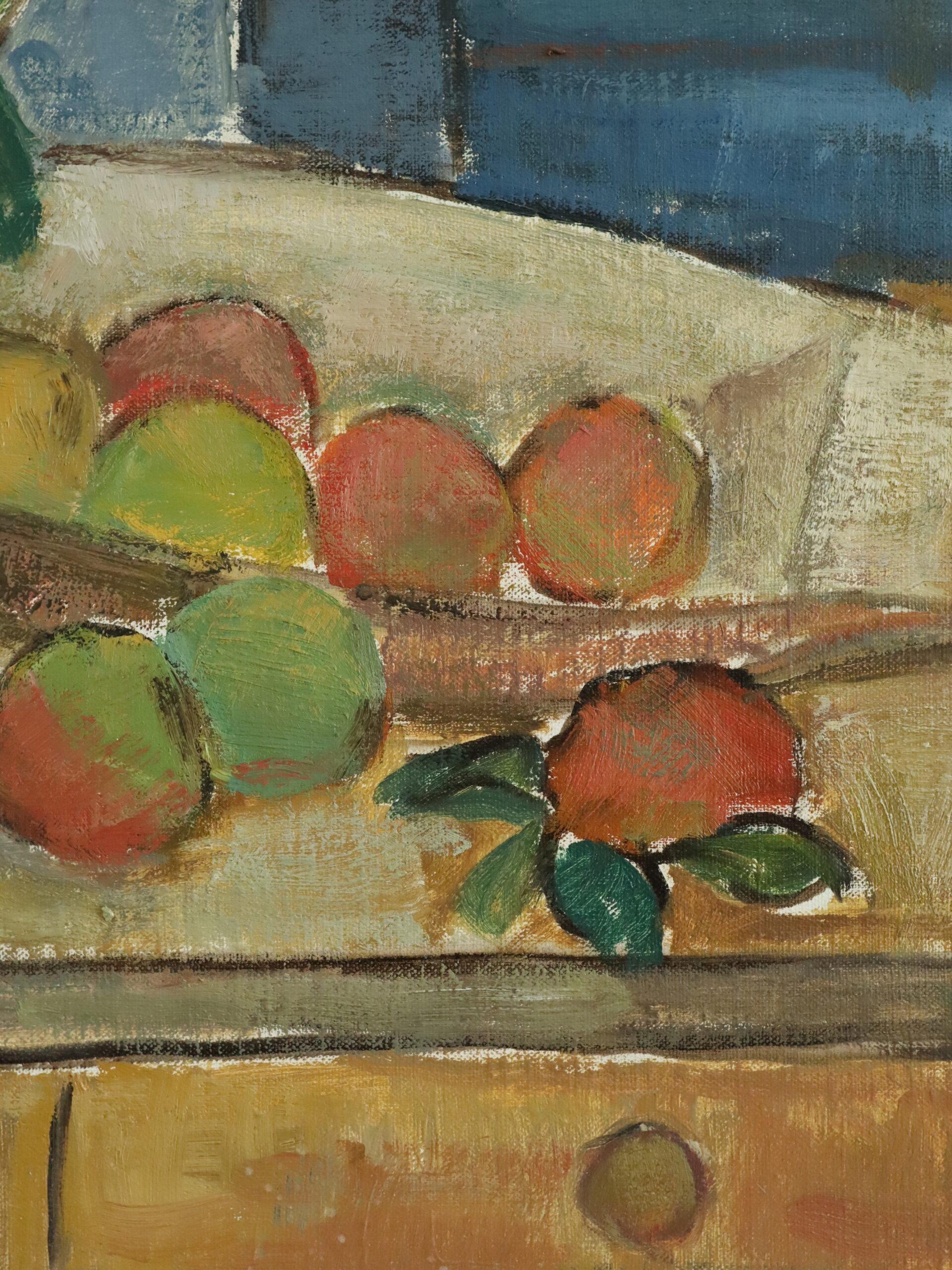 Mid Century Swedish Expressive Still Life Oil Painting - Interior with Fruit For Sale 7