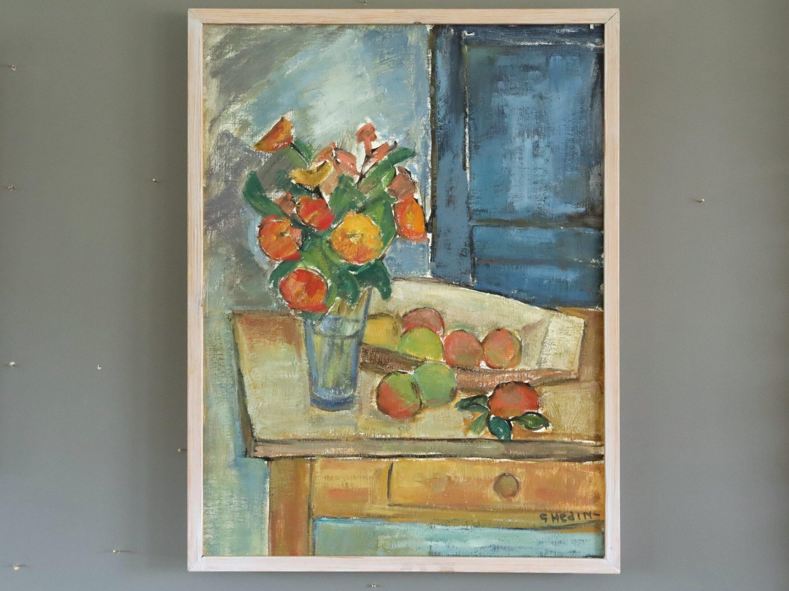 Mid Century Swedish Expressive Still Life Oil Painting - Interior with Fruit - Gray Interior Painting by Unknown