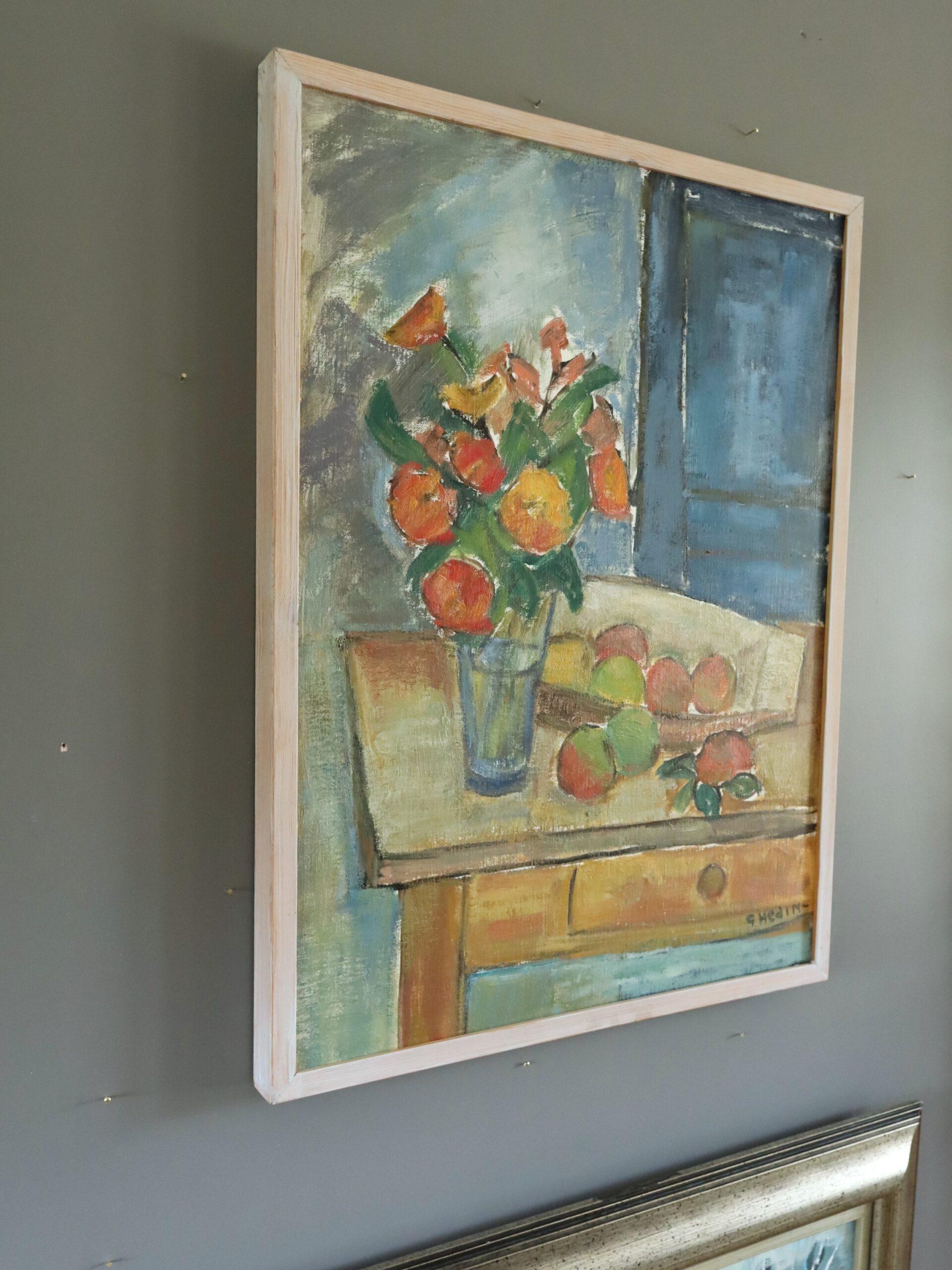 Mid Century Swedish Expressive Still Life Oil Painting - Interior with Fruit For Sale 1