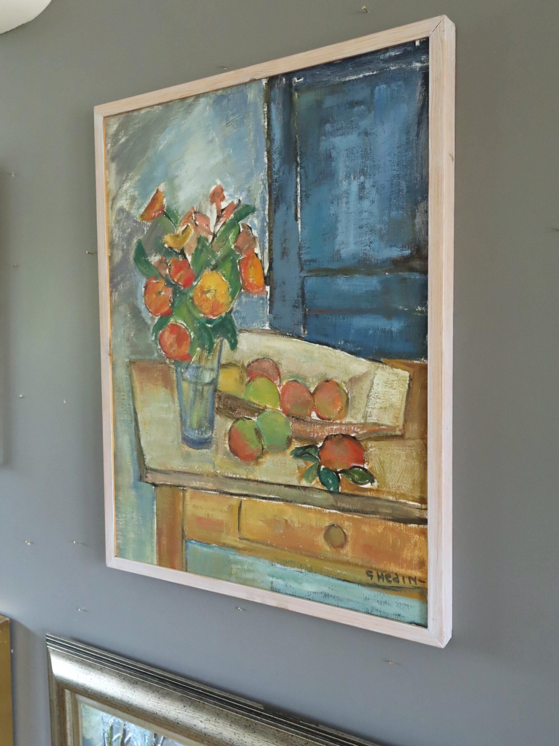 Mid Century Swedish Expressive Still Life Oil Painting - Interior with Fruit For Sale 2
