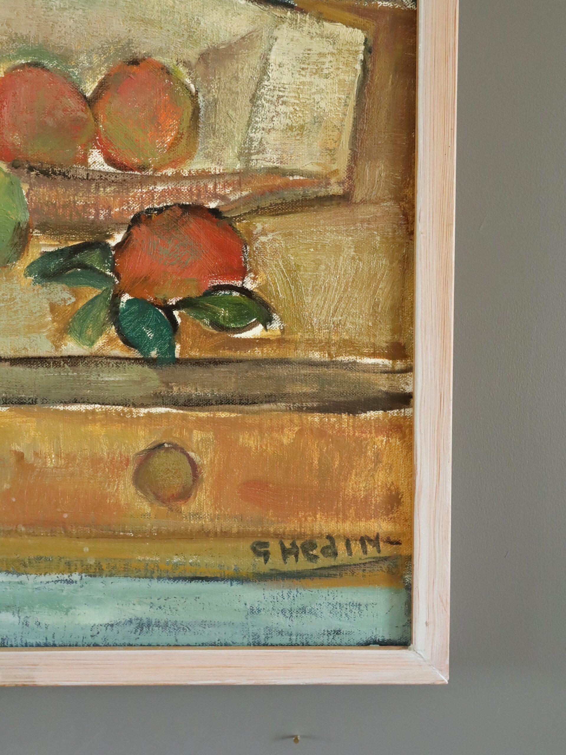 Mid Century Swedish Expressive Still Life Oil Painting - Interior with Fruit For Sale 4