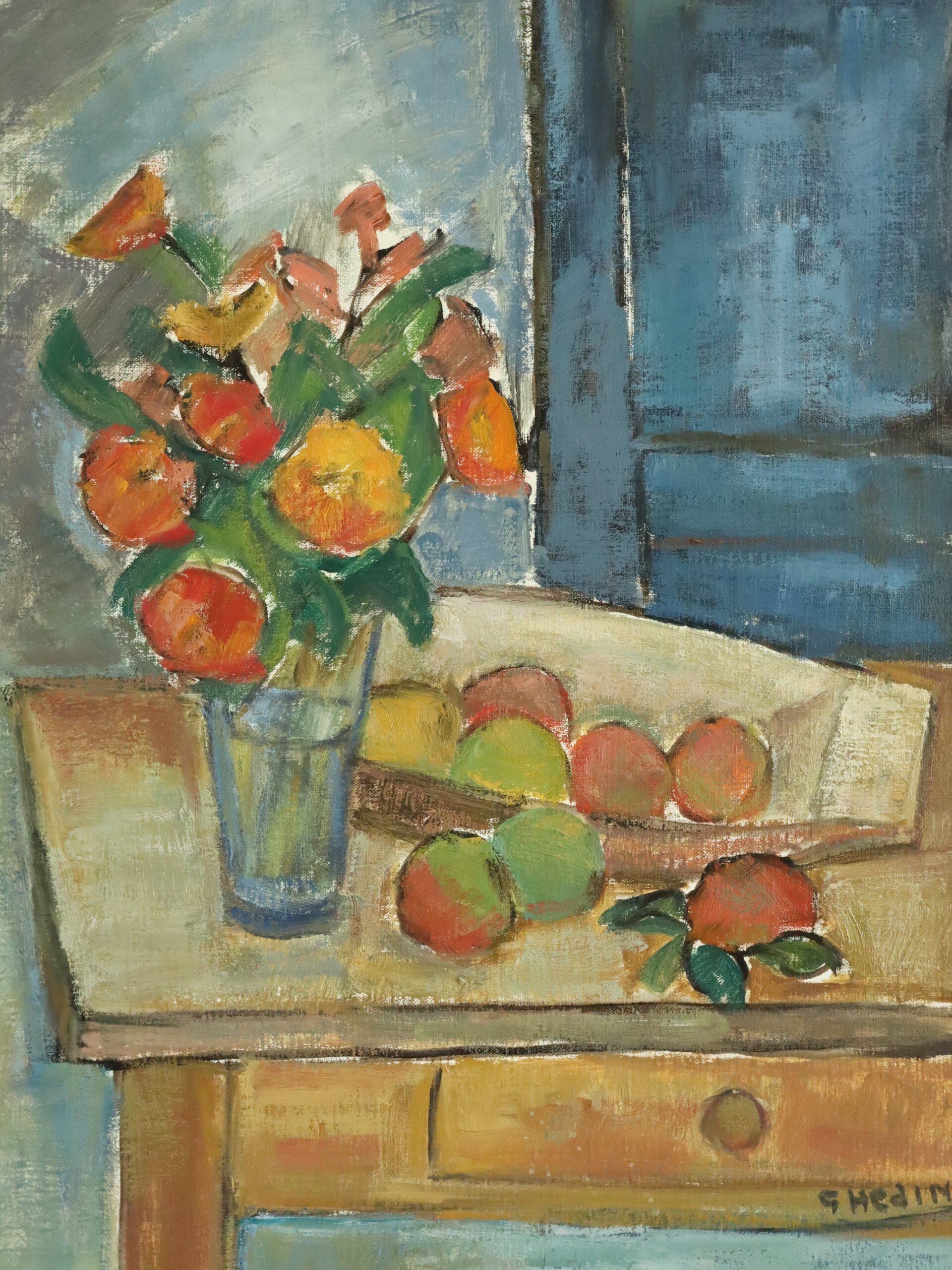 Mid Century Swedish Expressive Still Life Oil Painting - Interior with Fruit For Sale 5