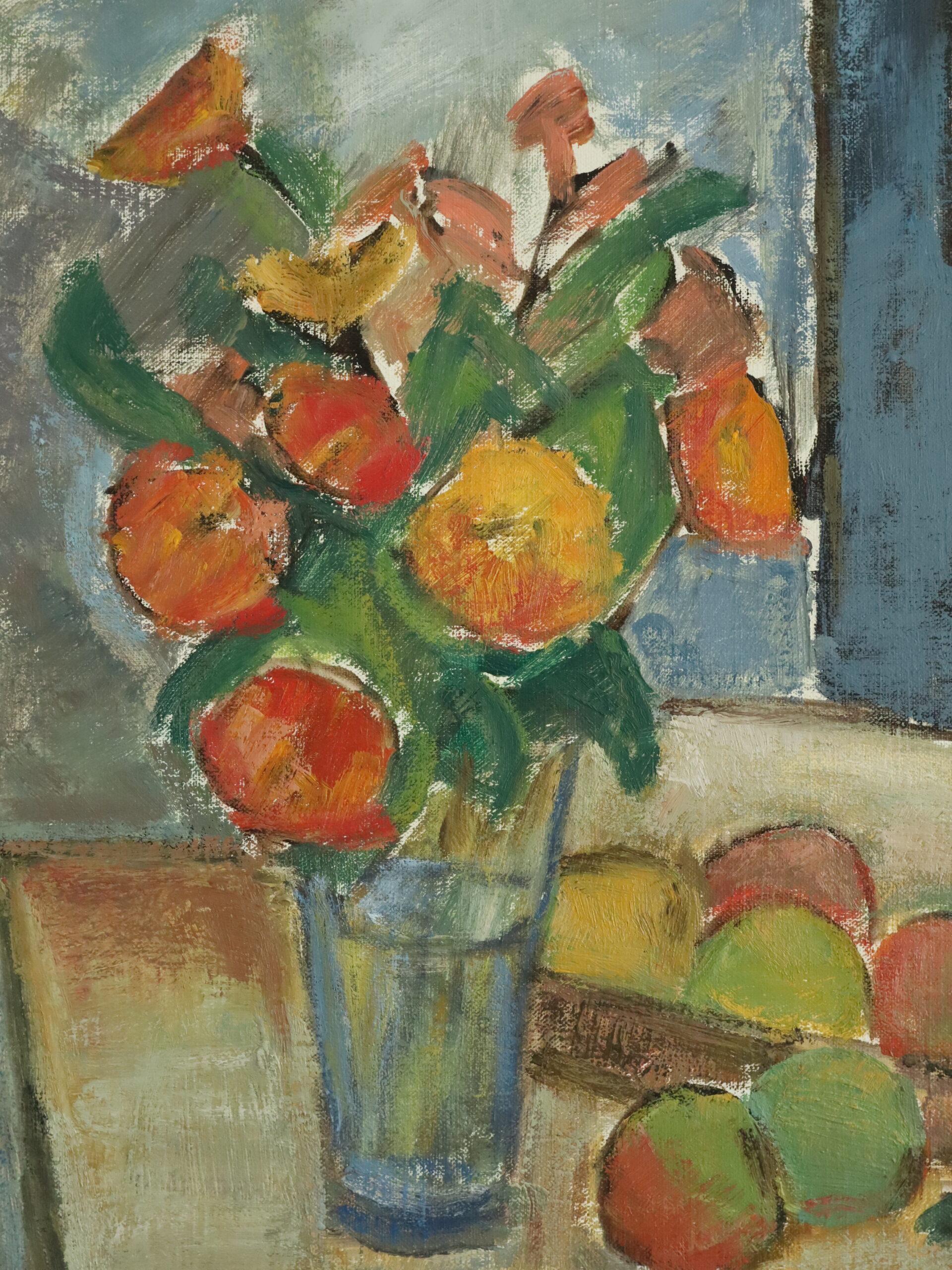 Mid Century Swedish Expressive Still Life Oil Painting - Interior with Fruit For Sale 6