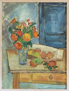Mid Century Swedish Expressive Still Life Oil Painting - Interior with Fruit