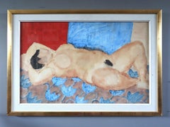 Mid Century Swedish Figurative Watercolour Painting - Reclining Figure on Rug