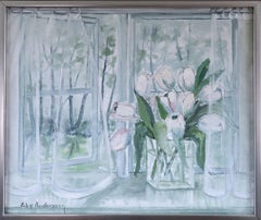 Mid Century Swedish Interior Still Life Oil Painting - Morning Light with Tulips