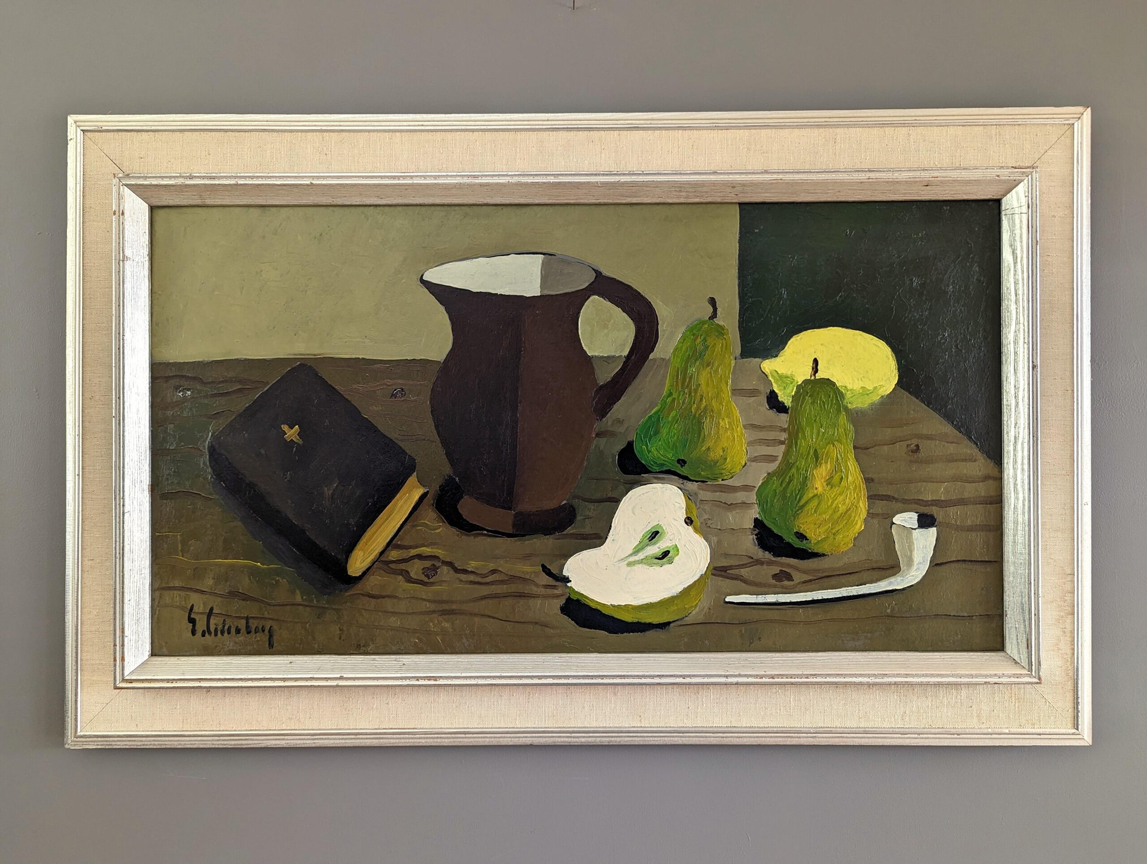 PIPE & PEARS
Size: 49.5 x 79.5 cm (including frame)
Oil on Board

A brilliantly executed and characterful mid-century still life in oil, painted by the established Swedish artist Eric Cederberg (1897-1984), whose artworks have been represented in