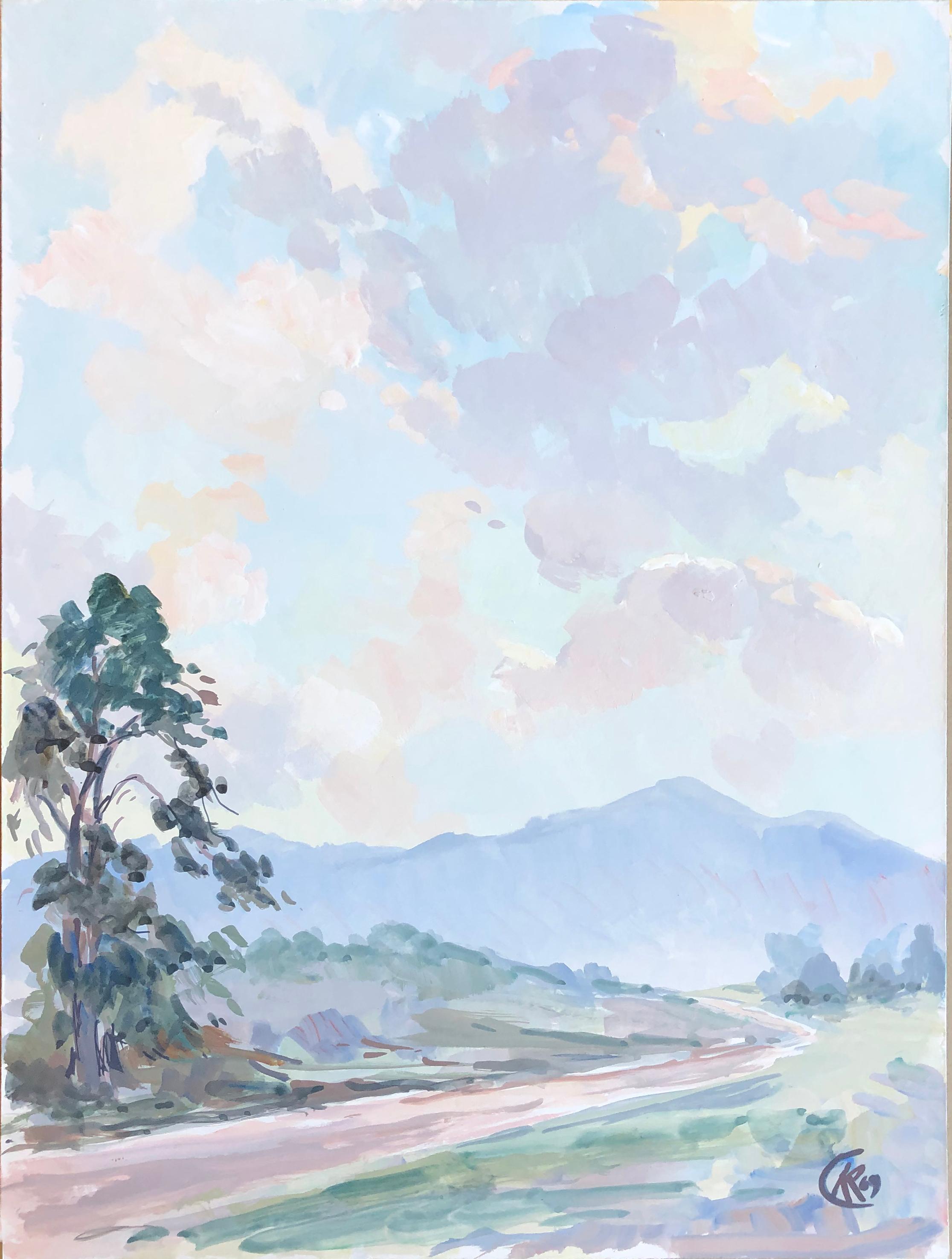 Paisaje tonalista de mediados de siglo de una carretera rural de California - Painting impresionista estadounidense de Unknown