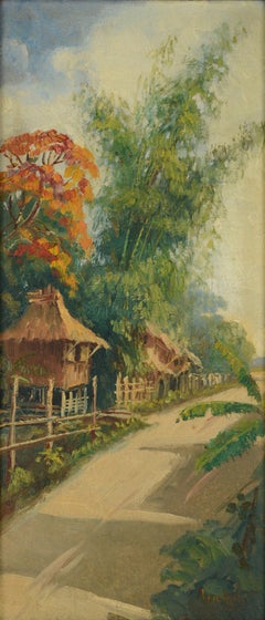 Mid Century Tropical Jungle Village Road Vertical Landscape with Grass Huts