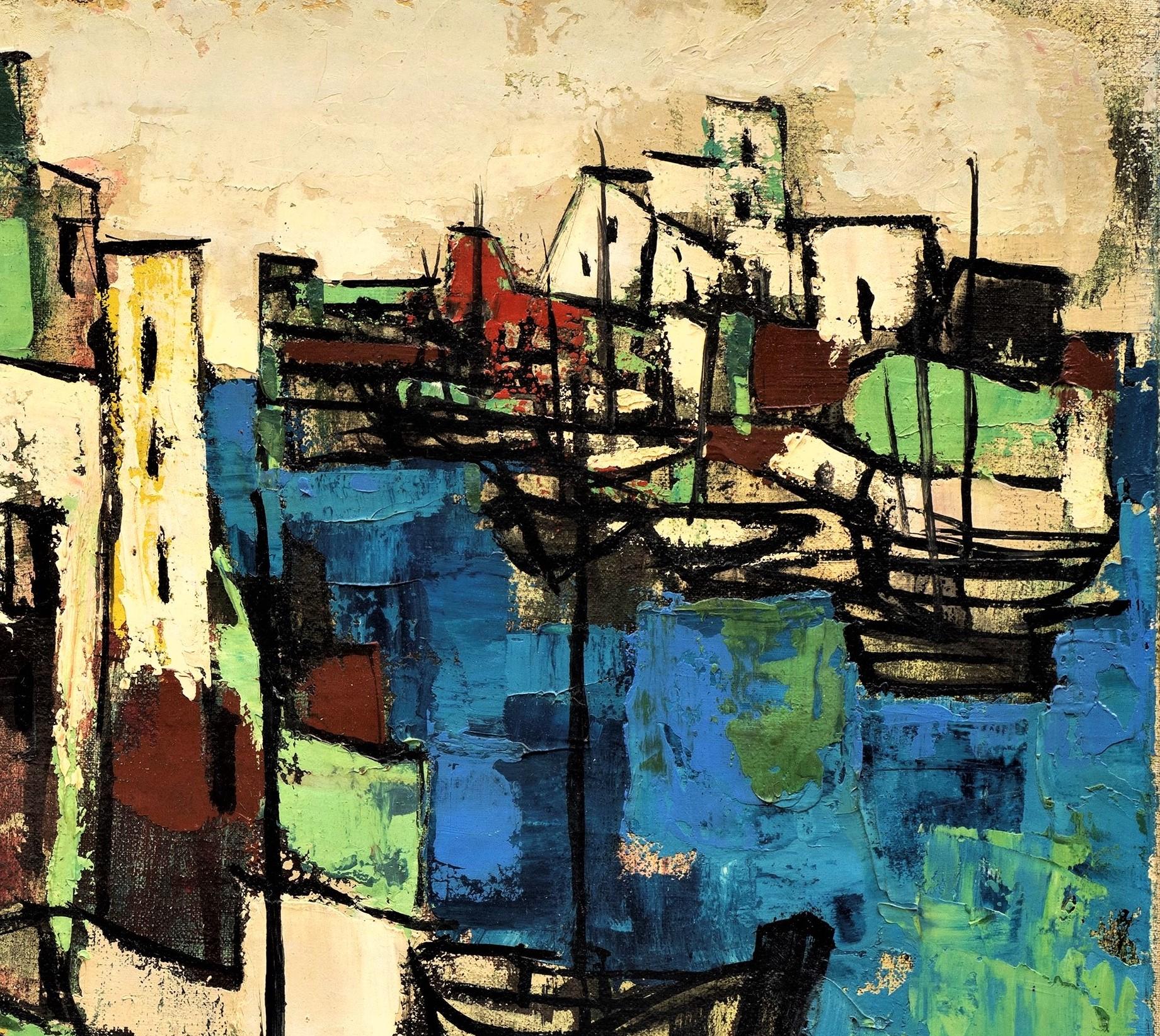 Vue française d'un port du milieu du siècle dernier datée de59.  - Noir Abstract Painting par Unknown