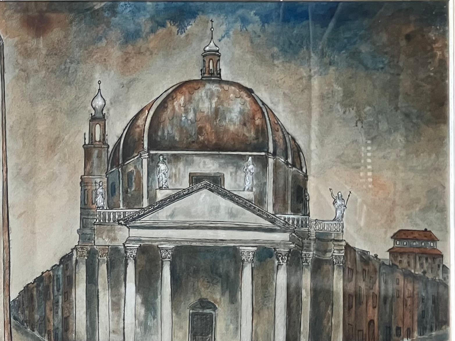 Mid-century view of Piazza del Popolo. Large pastel and gouache on paper of the obelisk with lions and the twin churches of the famous Piazza Del Popolo in Rome. Signed lower right 