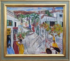 Mid Century Vintage Street Scene Landscape Framed Oil Painting - Shophouses