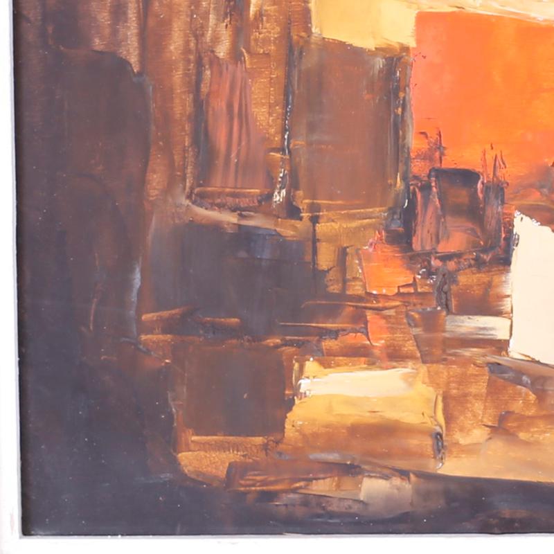 Intrigante peinture à l'huile abstraite du milieu du siècle sur panneau peinte avec passion à l'aide d'un couteau à palette et d'un pinceau dans une composition serrée en couches. Signé en bas à droite par le célèbre artiste, Lewis Croft.