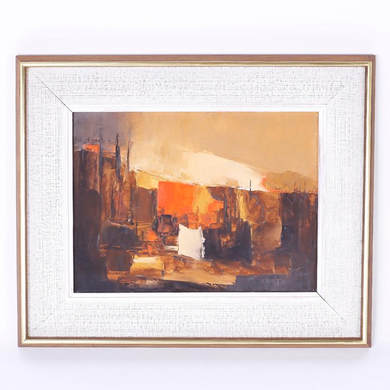 Abstract Painting Unknown - Peinture à l'huile abstraite du milieu du siècle sur panneau